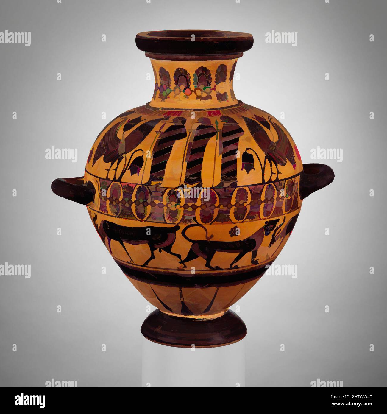 Art inspired by Terracotta hydria (water jar), Archaic, ca. 560 B.C., Greek, Attic, Terracotta; black-figure, H. 15 15/16 in. (40.5 cm), Vases, On the shoulder of this beautifully decorated vase, three men wrapped in brightly colored cloaks are flanked by large roosters and flowers as, Classic works modernized by Artotop with a splash of modernity. Shapes, color and value, eye-catching visual impact on art. Emotions through freedom of artworks in a contemporary way. A timeless message pursuing a wildly creative new direction. Artists turning to the digital medium and creating the Artotop NFT Stock Photo