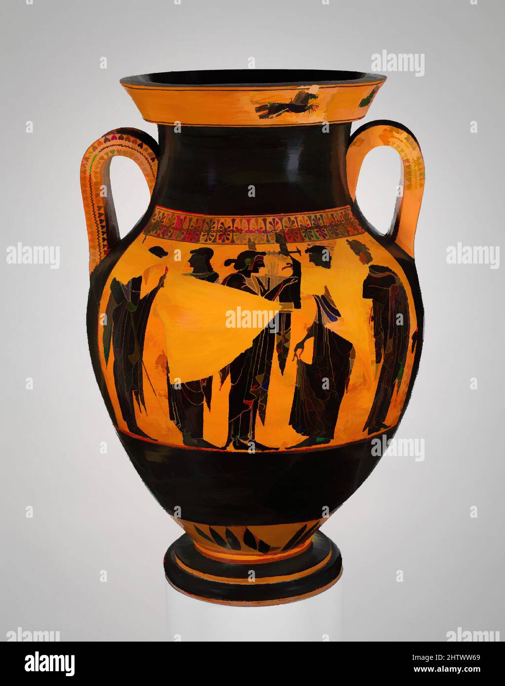 Art inspired by Terracotta amphora (jar), Archaic, ca. 530–520 B.C., Greek, Attic, Terracotta; black-figure, H. 26 in. (66 cm), Vases, Obverse, Athena and Herakles in the gigantomachy (battle of gods and giants), Reverse, Poseidon, Leto, Apollo, Artemis, Dionysos, On the lip, obverse, Classic works modernized by Artotop with a splash of modernity. Shapes, color and value, eye-catching visual impact on art. Emotions through freedom of artworks in a contemporary way. A timeless message pursuing a wildly creative new direction. Artists turning to the digital medium and creating the Artotop NFT Stock Photo