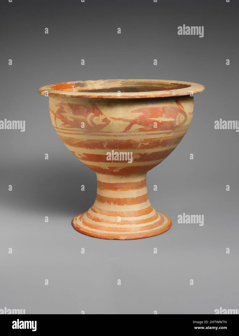 Art inspired by Terracotta footed bowl, Geometric, ca. 625–600 B.C., Etruscan, Italo-geometric, Terracotta, H. 8 3/16 in. (20.8 cm), Vases, These two vases of similar shape represent different Etruscan responses to imported Greek geometric pottery. Both types are frequently found in, Classic works modernized by Artotop with a splash of modernity. Shapes, color and value, eye-catching visual impact on art. Emotions through freedom of artworks in a contemporary way. A timeless message pursuing a wildly creative new direction. Artists turning to the digital medium and creating the Artotop NFT Stock Photo