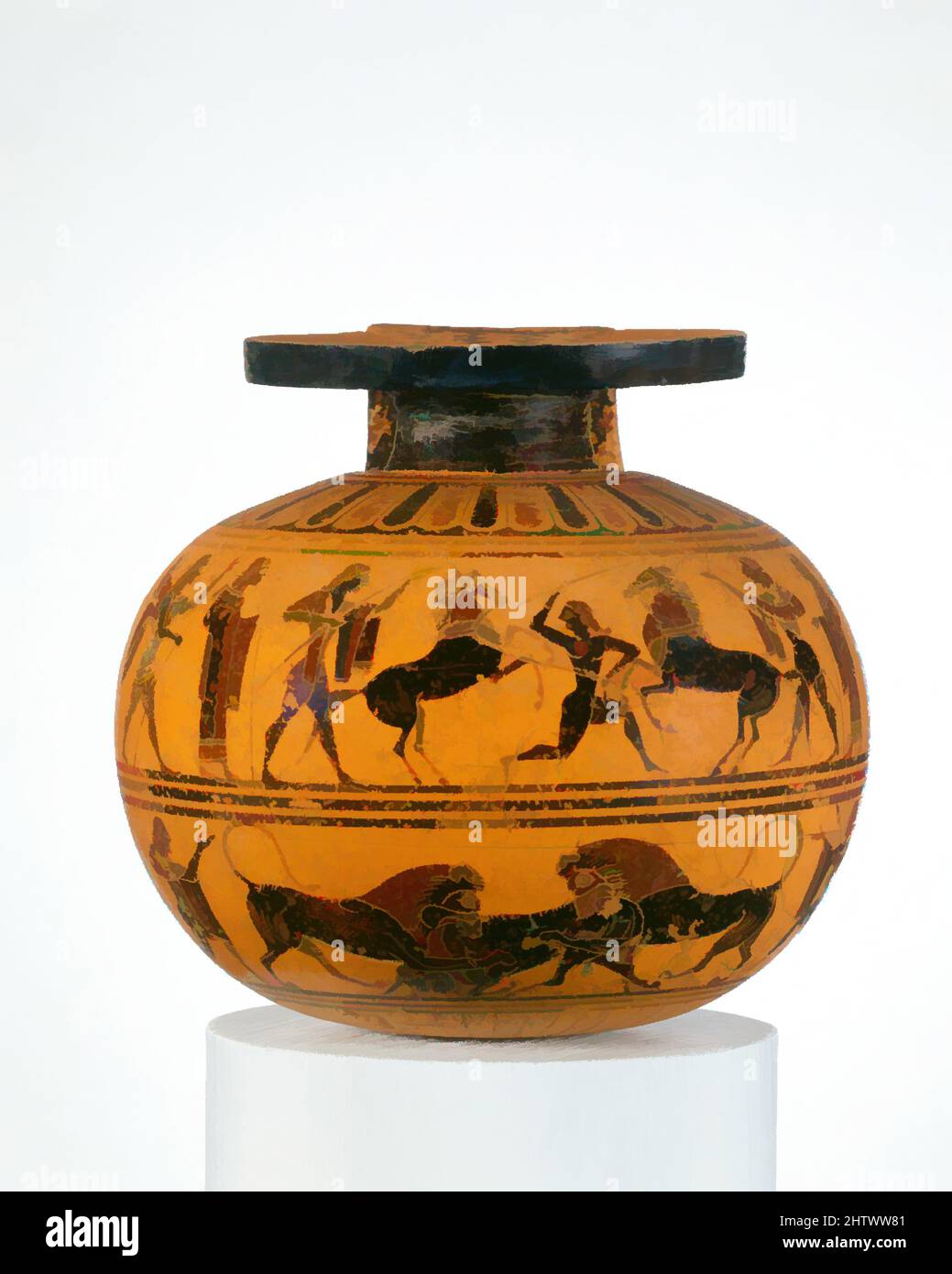 Art inspired by Terracotta aryballos (oil flask), Archaic, ca. 550 B.C., Greek, Attic, Terracotta; black-figure, H. 3 1/4 in. (8.3 cm), Vases, On the handle, Dionysos and two revelers, Upper frieze, horse tamer between onlookers and two wrestlers, Lower frieze, animal combats between, Classic works modernized by Artotop with a splash of modernity. Shapes, color and value, eye-catching visual impact on art. Emotions through freedom of artworks in a contemporary way. A timeless message pursuing a wildly creative new direction. Artists turning to the digital medium and creating the Artotop NFT Stock Photo