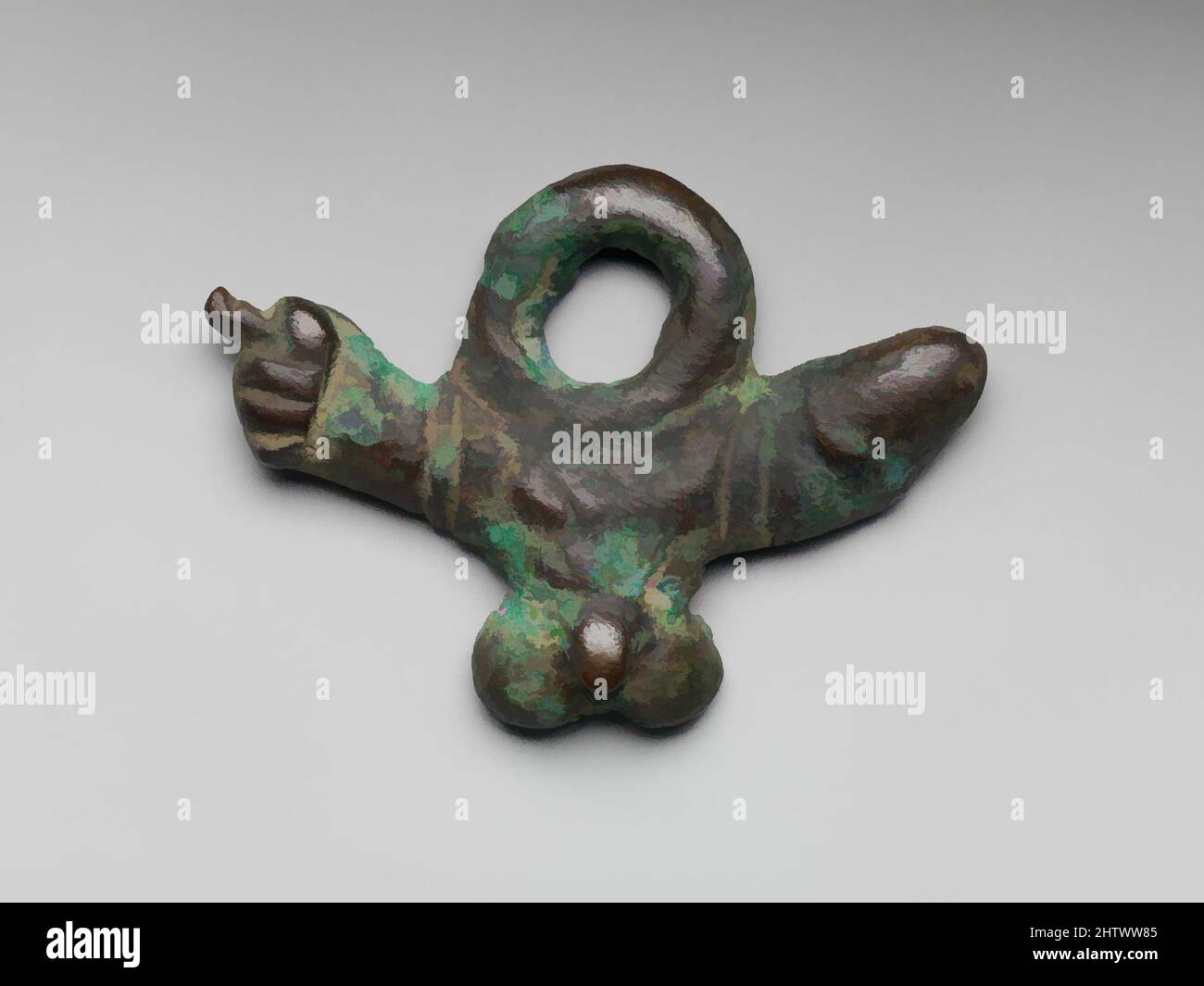 Art inspired by Bronze phallic amulet, Imperial, 1st century A.D., Roman, Bronze, W. 2 7/8 in. (7.3 cm.), Bronzes, This amulet incorporates three different symbols: the phallus, male genitalia, and the mano fica (a rude hand gesture). All three were potent apotropaic devices intended, Classic works modernized by Artotop with a splash of modernity. Shapes, color and value, eye-catching visual impact on art. Emotions through freedom of artworks in a contemporary way. A timeless message pursuing a wildly creative new direction. Artists turning to the digital medium and creating the Artotop NFT Stock Photo