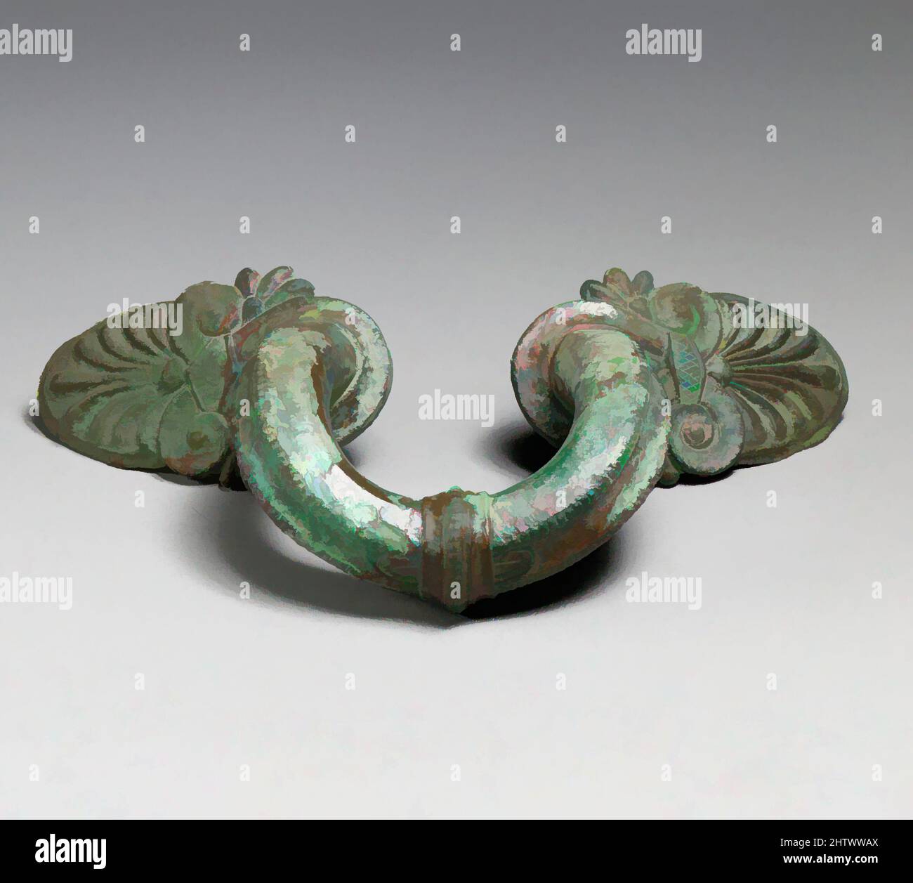 Art inspired by Bronze handle, Classical, 5th century B.C., Greek, Bronze, Other: 6 9/16 in. (16.7 cm), Bronzes, This would have been one of the horizontal handles of a hydria (water jar, Classic works modernized by Artotop with a splash of modernity. Shapes, color and value, eye-catching visual impact on art. Emotions through freedom of artworks in a contemporary way. A timeless message pursuing a wildly creative new direction. Artists turning to the digital medium and creating the Artotop NFT Stock Photo