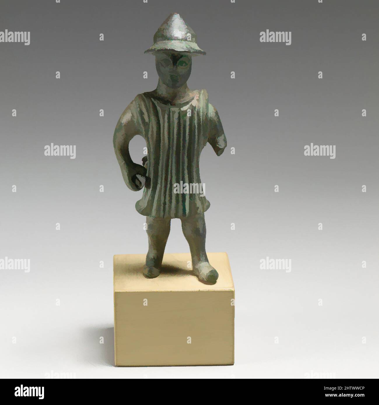 Art inspired by Bronze statuette of a man, Archaic, late 6th century B.C., Greek, Arcadian, Bronze, H.: 4 1/16 in. (10.3 cm), Bronzes, He wears a tunic, a conical cap and shoes, Classic works modernized by Artotop with a splash of modernity. Shapes, color and value, eye-catching visual impact on art. Emotions through freedom of artworks in a contemporary way. A timeless message pursuing a wildly creative new direction. Artists turning to the digital medium and creating the Artotop NFT Stock Photo
