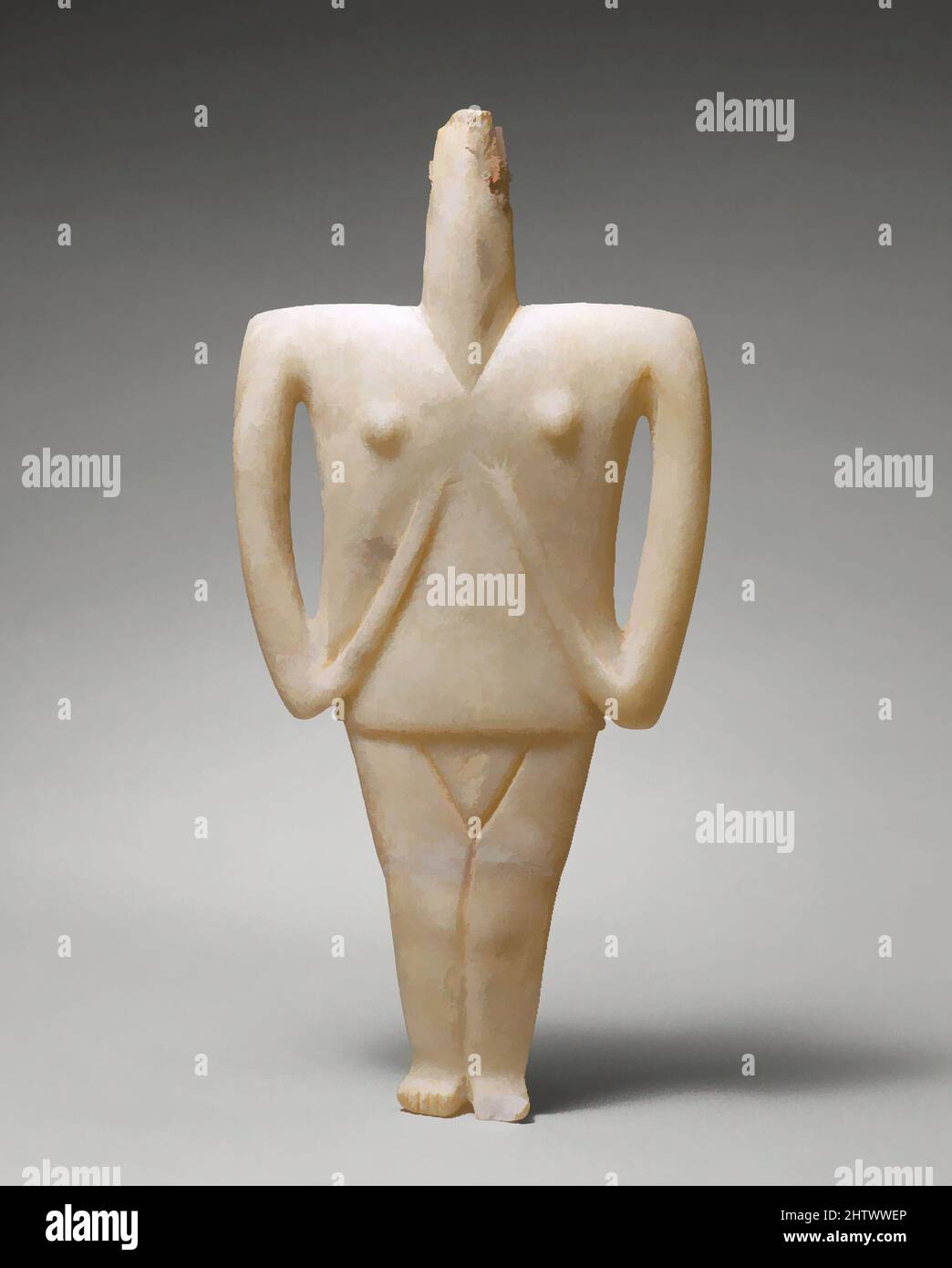 Art inspired by Marble female figure, Early Cycladic II, 2300–2200 B.C., Cycladic, Marble, H. 10 3/4 in. (27.3 cm), Stone Sculpture, The remains of an ancient repair are of special interest. The head had broken from the long thin neck. A channel was cut into the sides of the neck and, Classic works modernized by Artotop with a splash of modernity. Shapes, color and value, eye-catching visual impact on art. Emotions through freedom of artworks in a contemporary way. A timeless message pursuing a wildly creative new direction. Artists turning to the digital medium and creating the Artotop NFT Stock Photo