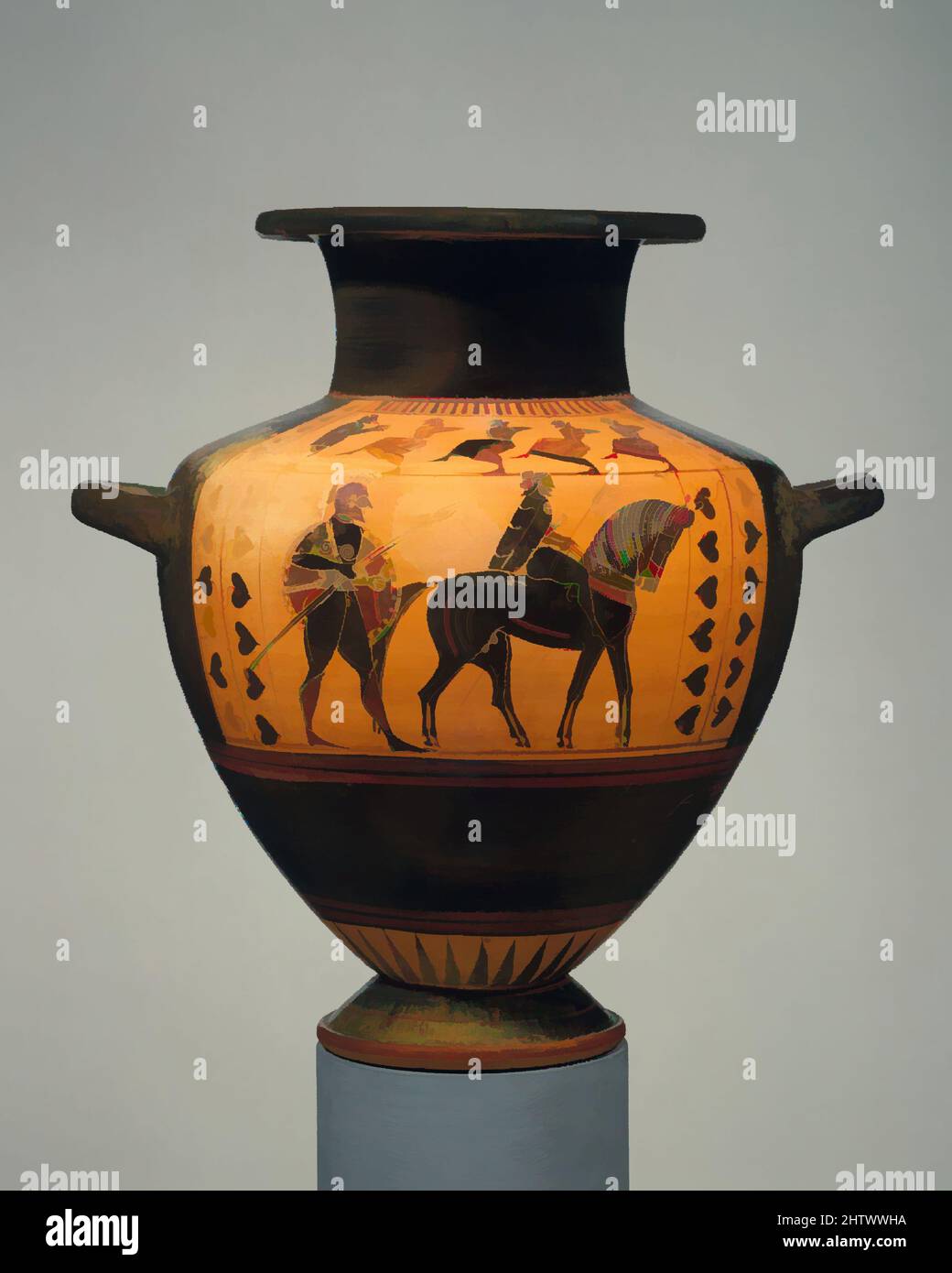 Art inspired by Terracotta hydria (water jar), Archaic, ca. 560 B.C., Greek, Attic, Terracotta; black-figure, Overall: 19 3/4 x 15 1/2in. (50.1 x 39.4cm), Vases, On the body, foot soldier and horseman, On the shoulder, chorus: flute player and dancers. This vase contributes to our, Classic works modernized by Artotop with a splash of modernity. Shapes, color and value, eye-catching visual impact on art. Emotions through freedom of artworks in a contemporary way. A timeless message pursuing a wildly creative new direction. Artists turning to the digital medium and creating the Artotop NFT Stock Photo