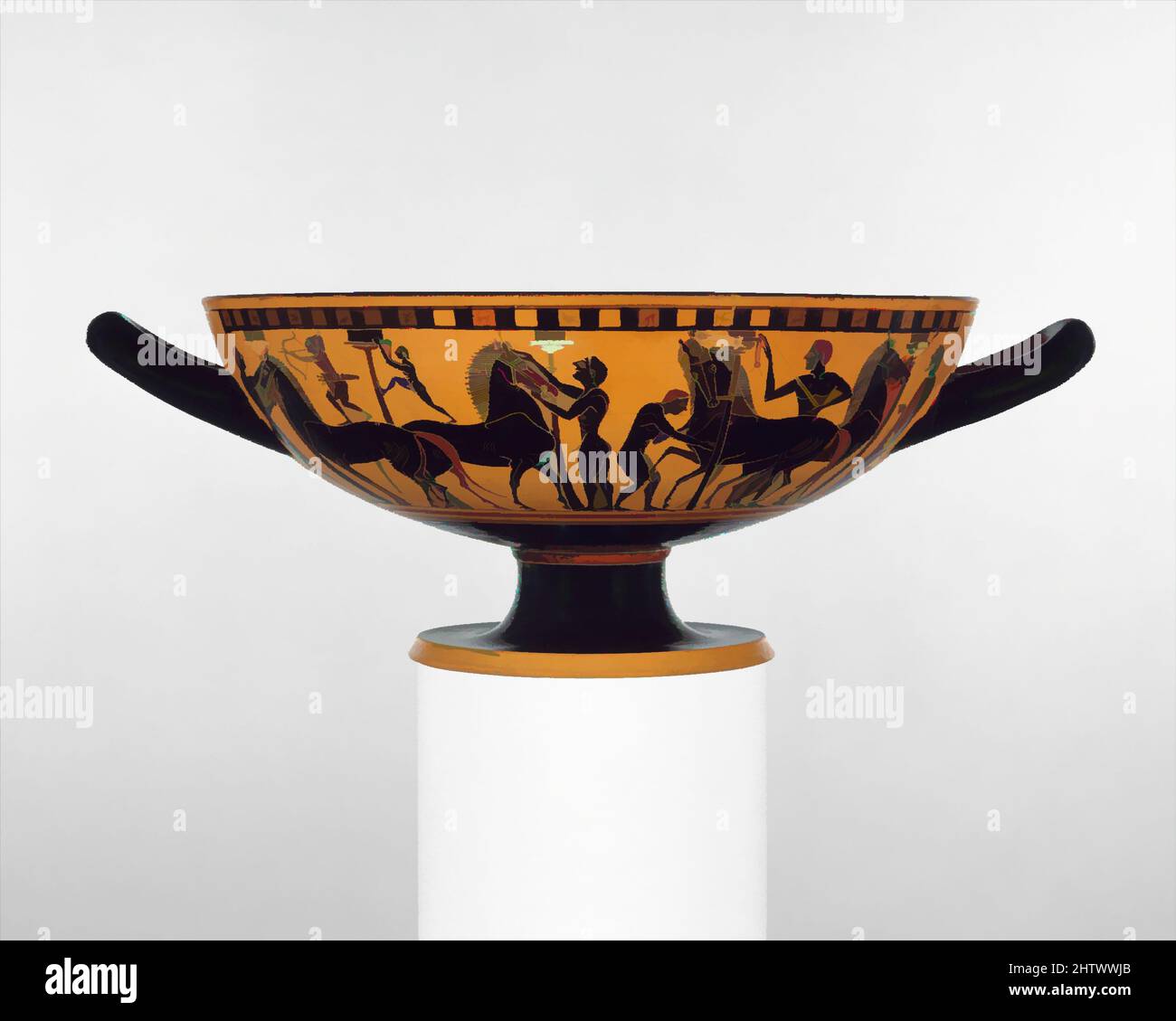 Art inspired by Terracotta kylix (drinking cup), Archaic, ca. 540 B.C., Greek, Attic, Terracotta; black-figure, H. 4 7/8 in. (12.4 cm), Vases, Obverse, Poseidon, the god of the seas, among Greek warriors, Reverse, the stables of Poseidon. The subjects are drawn from book 13 of Homer's, Classic works modernized by Artotop with a splash of modernity. Shapes, color and value, eye-catching visual impact on art. Emotions through freedom of artworks in a contemporary way. A timeless message pursuing a wildly creative new direction. Artists turning to the digital medium and creating the Artotop NFT Stock Photo