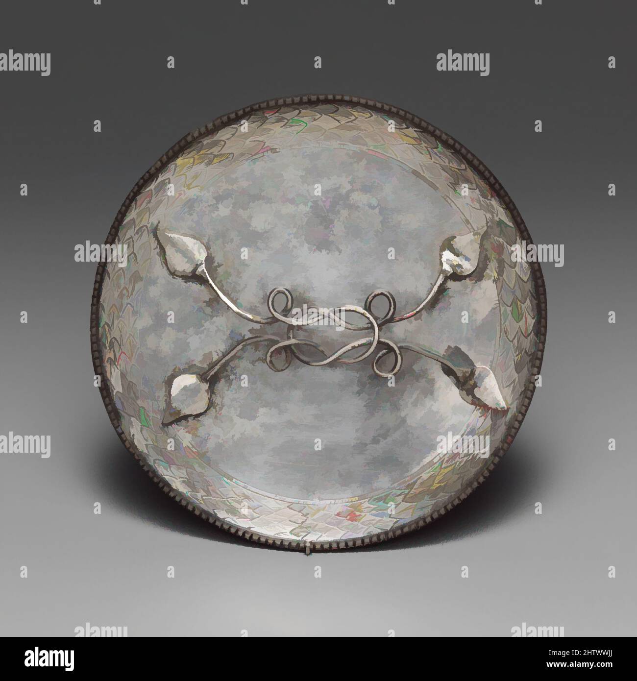 Art inspired by Silver mirror, Imperial, 4th century A.D., Roman, Silver, Diam.: 5 3/16 in. (13.2 cm), Gold and Silver, The type of mirror with a horizontal handle originated in the Roman world during the first century B.C. It was subsequently adopted in various cultures of Asia and, Classic works modernized by Artotop with a splash of modernity. Shapes, color and value, eye-catching visual impact on art. Emotions through freedom of artworks in a contemporary way. A timeless message pursuing a wildly creative new direction. Artists turning to the digital medium and creating the Artotop NFT Stock Photo