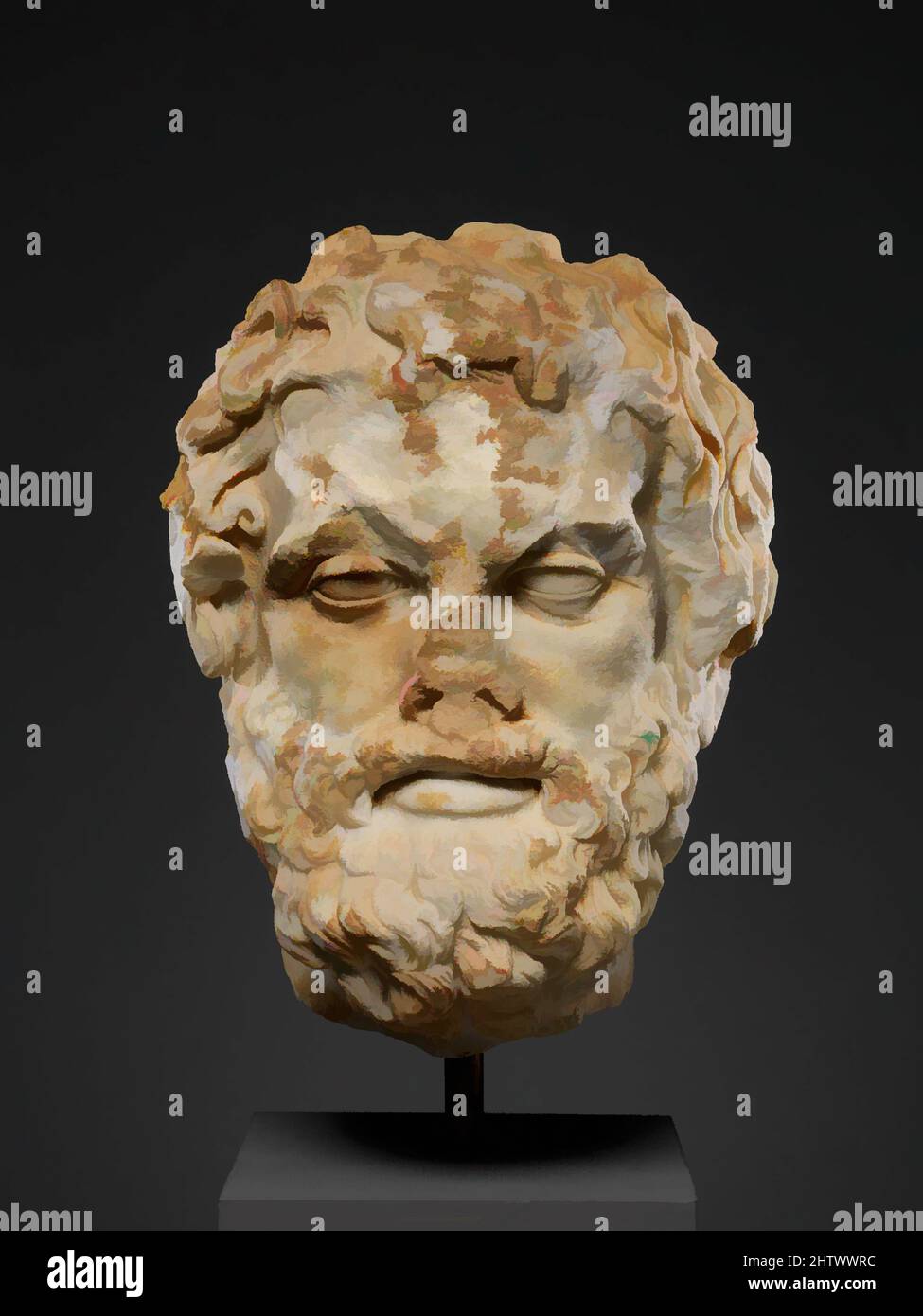 Art inspired by Marble head of a bearded man, Imperial, 2nd century A.D., Roman, Marble, H. 12 3/16 in. (31 cm), Stone Sculpture, Copy of a Greek statue of the 4th century B.C.. Since eight other Roman copies of this Greek portrait type are known, it probably represents a famous figure, Classic works modernized by Artotop with a splash of modernity. Shapes, color and value, eye-catching visual impact on art. Emotions through freedom of artworks in a contemporary way. A timeless message pursuing a wildly creative new direction. Artists turning to the digital medium and creating the Artotop NFT Stock Photo