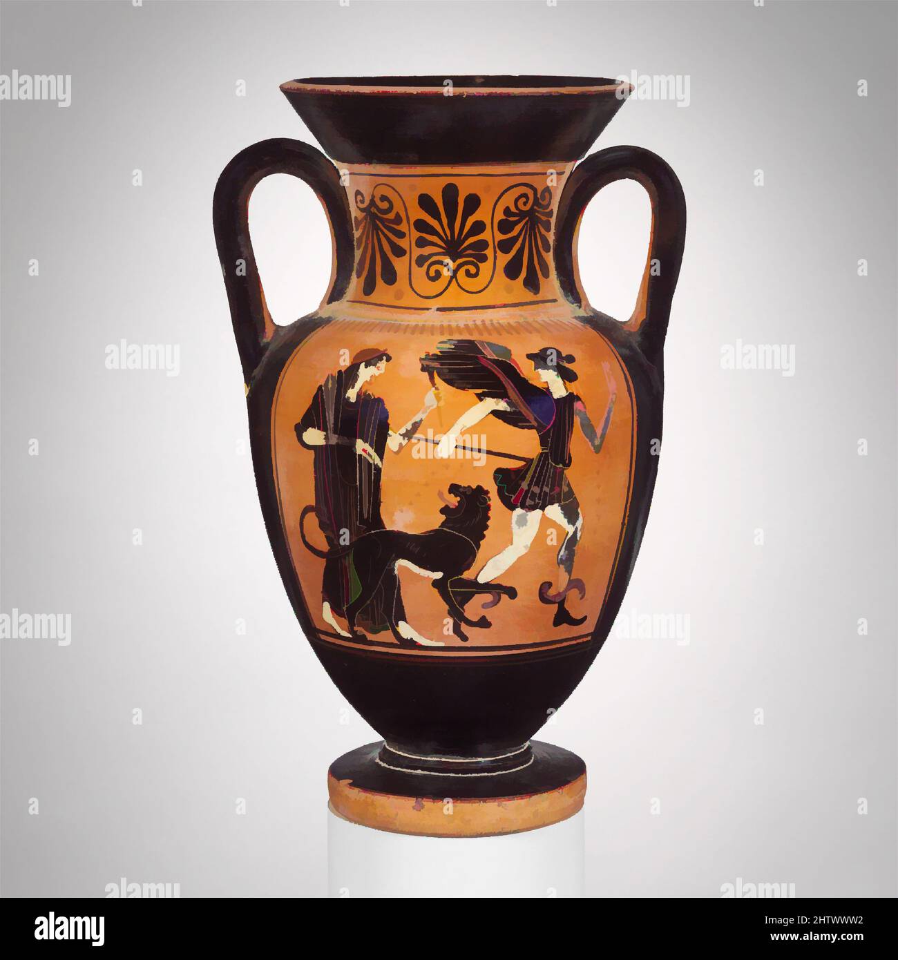 Art inspired by Terracotta neck-amphora (jar), Archaic, ca. 500 B.C., Greek, Attic, Terracotta; black-figure, Height: 8 7/8 in. (22.5 cm), Vases, Obverse, Hera sending out Iris with the Nemean lion, Reverse, Herakles wrestling the Nemean lion. The very rare representation on the, Classic works modernized by Artotop with a splash of modernity. Shapes, color and value, eye-catching visual impact on art. Emotions through freedom of artworks in a contemporary way. A timeless message pursuing a wildly creative new direction. Artists turning to the digital medium and creating the Artotop NFT Stock Photo