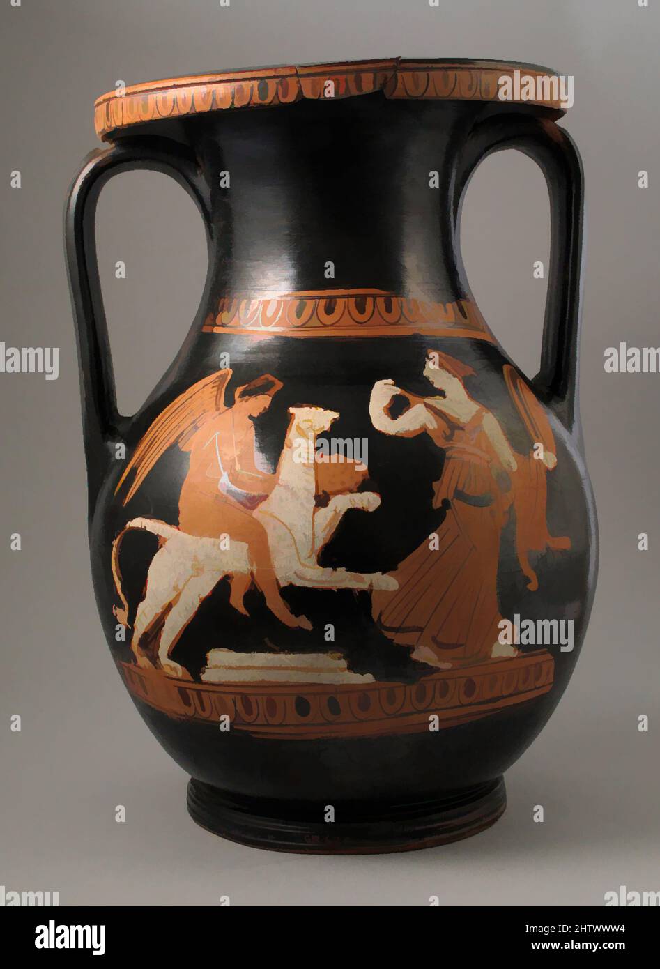 Art inspired by Pelike, Classical, ca. 400 B.C., Greek, Attic, Terracotta; red-figure, 9 1/2 × 6 5/8 in. (24.1 × 16.8 cm), Vases, Classic works modernized by Artotop with a splash of modernity. Shapes, color and value, eye-catching visual impact on art. Emotions through freedom of artworks in a contemporary way. A timeless message pursuing a wildly creative new direction. Artists turning to the digital medium and creating the Artotop NFT Stock Photo