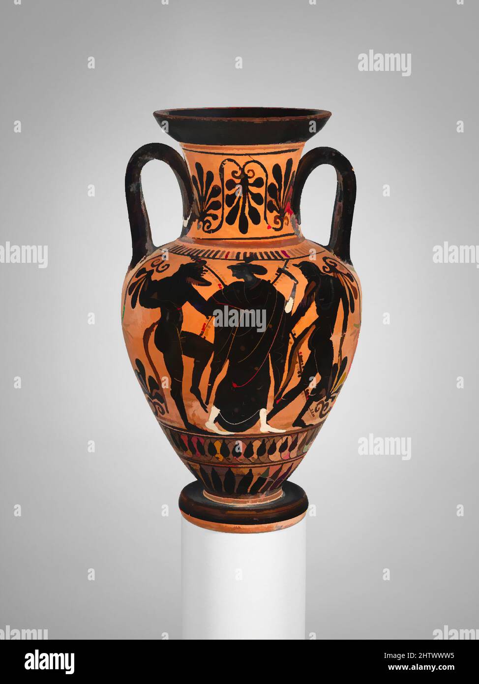 Art inspired by Neck-amphora, Archaic, ca. 500 B.C., Greek, Attic, Terracotta; black-figure, Diameter: 6 3/8 × 4 11/16 × 3 1/2 in. (16.2 × 11.9 × 9 cm), Vases, Classic works modernized by Artotop with a splash of modernity. Shapes, color and value, eye-catching visual impact on art. Emotions through freedom of artworks in a contemporary way. A timeless message pursuing a wildly creative new direction. Artists turning to the digital medium and creating the Artotop NFT Stock Photo