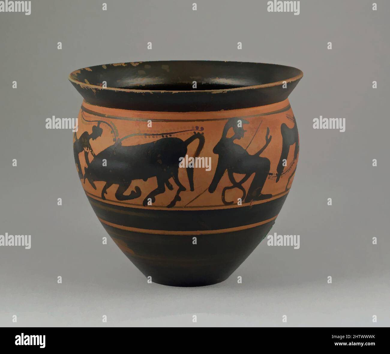 Art inspired by Mastoid, Archaic, ca. 500–490 B.C., Greek, Attic, Terracotta; black-figure, Diameter: 3 9/16 × 3 3/4 × 1 7/16 in. (9.1 × 9.5 × 3.7 cm), Vases, Classic works modernized by Artotop with a splash of modernity. Shapes, color and value, eye-catching visual impact on art. Emotions through freedom of artworks in a contemporary way. A timeless message pursuing a wildly creative new direction. Artists turning to the digital medium and creating the Artotop NFT Stock Photo