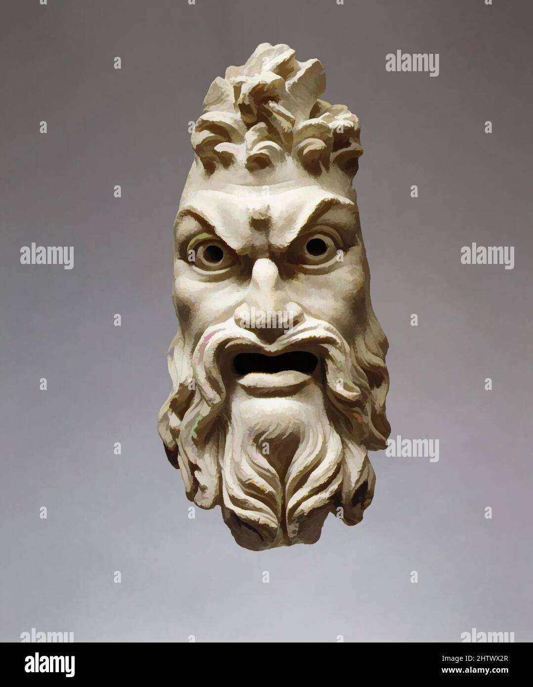 Art inspired by Marble mask of Pan, Early Imperial, 1st century A.D., Roman, Marble, H. 11 1/8 in. (28.3 cm); width 5 in. (12.7 cm); depth 3 1/2 in. (8.9 cm), Stone Sculpture, The remains of two horns set in the bristling hair identify this bearded mask as that of Pan, the rustic goat, Classic works modernized by Artotop with a splash of modernity. Shapes, color and value, eye-catching visual impact on art. Emotions through freedom of artworks in a contemporary way. A timeless message pursuing a wildly creative new direction. Artists turning to the digital medium and creating the Artotop NFT Stock Photo