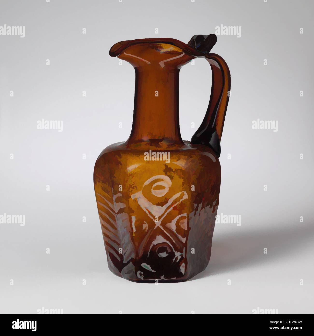 Art inspired by Glass hexagonal jug, Early Byzantine, 6th–early 7th century A.D., Roman, Palestinian, Glass; mold-blown, H. 5 3/8 in. (13.7 cm), Glass, Translucent deep yellow brown, with same color handle., Trefoil rim with thick rounded edge; shallow, funnel-shaped mouth; cylindrical, Classic works modernized by Artotop with a splash of modernity. Shapes, color and value, eye-catching visual impact on art. Emotions through freedom of artworks in a contemporary way. A timeless message pursuing a wildly creative new direction. Artists turning to the digital medium and creating the Artotop NFT Stock Photo