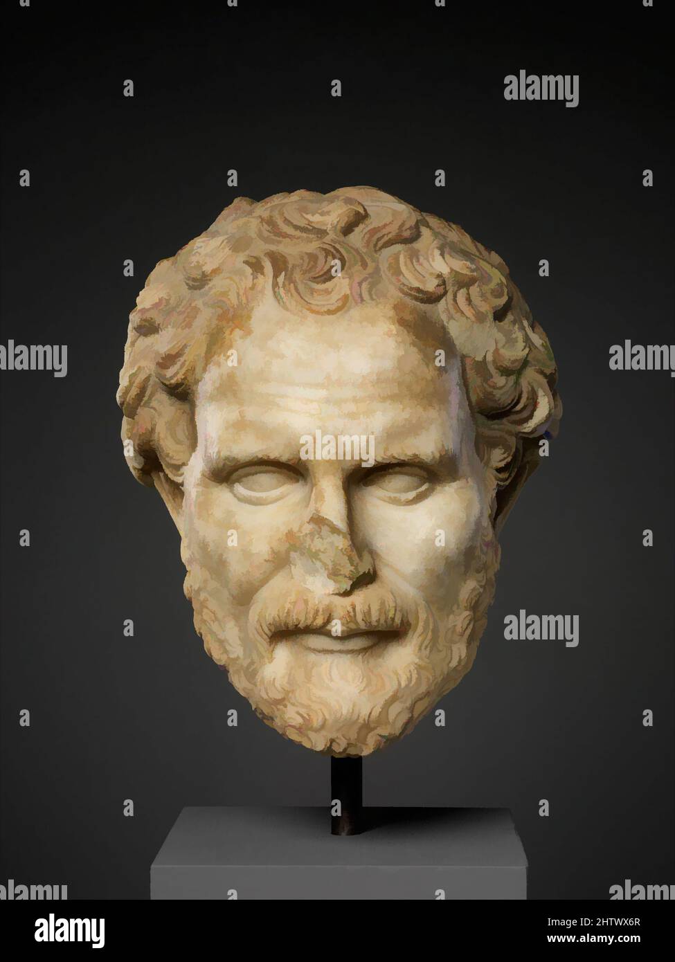 Art inspired by Marble head of Demosthenes, Imperial, 2nd century A.D., Roman, Marble, Overall: 11 x 8 5/8 x 9 in. (27.9 x 21.9 x 22.9 cm), Stone Sculpture, Copy of a Greek bronze statue by Polyeuktos of ca. 280 B.C.. Demosthenes (ca. 384–322 b.c.) of Athens is widely considered the, Classic works modernized by Artotop with a splash of modernity. Shapes, color and value, eye-catching visual impact on art. Emotions through freedom of artworks in a contemporary way. A timeless message pursuing a wildly creative new direction. Artists turning to the digital medium and creating the Artotop NFT Stock Photo
