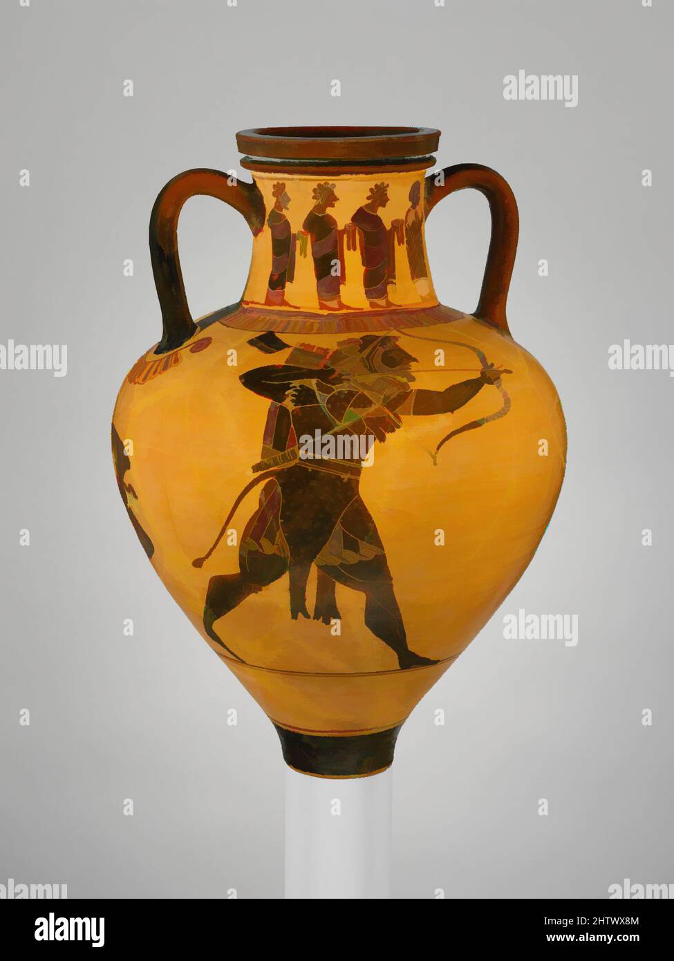 Art inspired by Terracotta neck-amphora (jar), Archaic, ca. 540–530 B.C., Greek, Attic, Terracotta; black-figure, H: 13' Greatest diameter: 8 3/4', Vases, Obverse, Herakles; reverse, Geryon. On the neck, obverse and reverse, a flute-player leading a procession of youths and men. One of, Classic works modernized by Artotop with a splash of modernity. Shapes, color and value, eye-catching visual impact on art. Emotions through freedom of artworks in a contemporary way. A timeless message pursuing a wildly creative new direction. Artists turning to the digital medium and creating the Artotop NFT Stock Photo