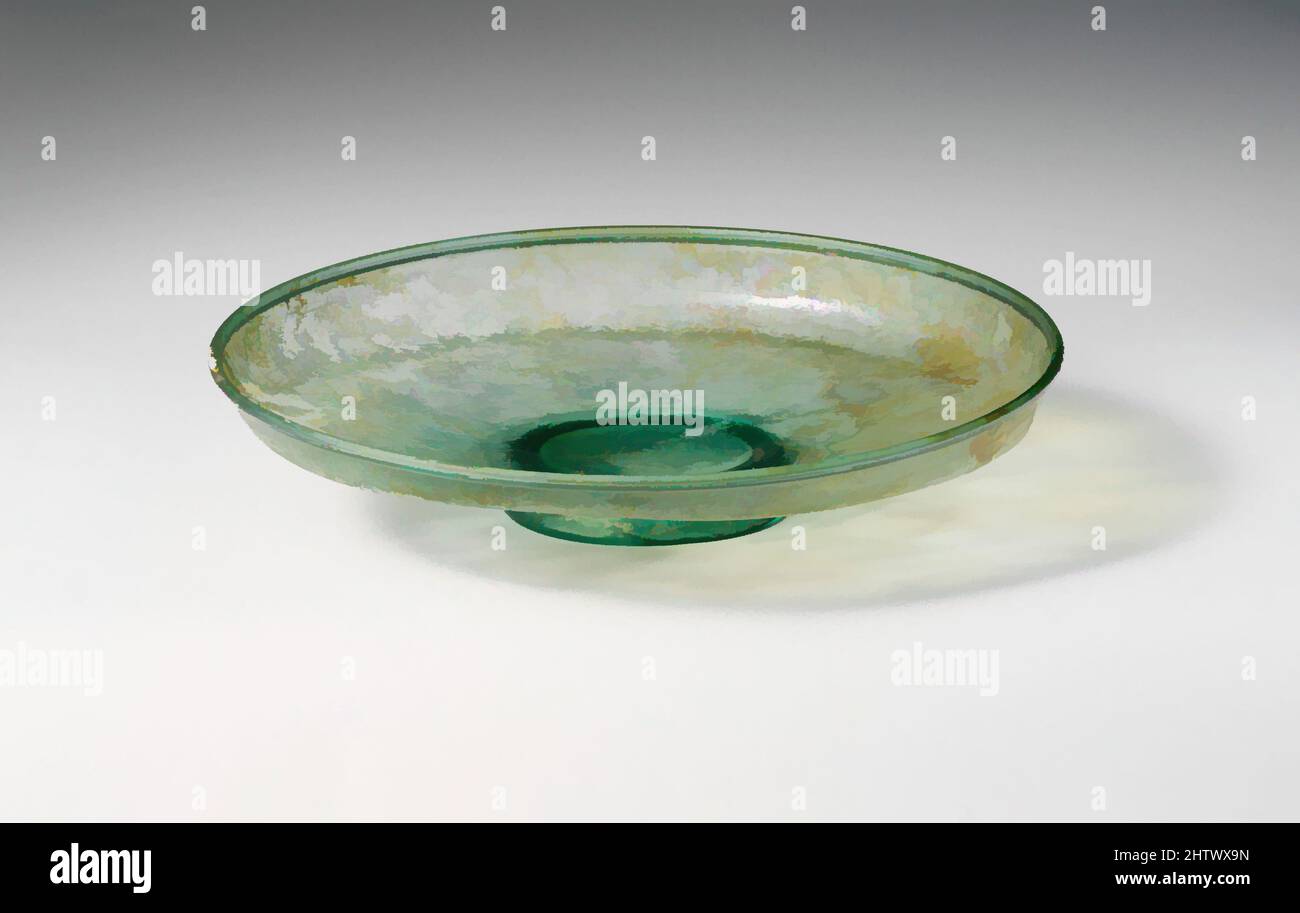 Art inspired by Glass dish, Late Roman, 4th century A.D., Roman, Glass; blown, Diam.: 11 in. (27.9 cm), Glass, Translucent blue green., Tubular rim folded over and in, with bulging outer edge; lop-sided with wall tapering downward, shallow on one side, deeper on the other, and then, Classic works modernized by Artotop with a splash of modernity. Shapes, color and value, eye-catching visual impact on art. Emotions through freedom of artworks in a contemporary way. A timeless message pursuing a wildly creative new direction. Artists turning to the digital medium and creating the Artotop NFT Stock Photo