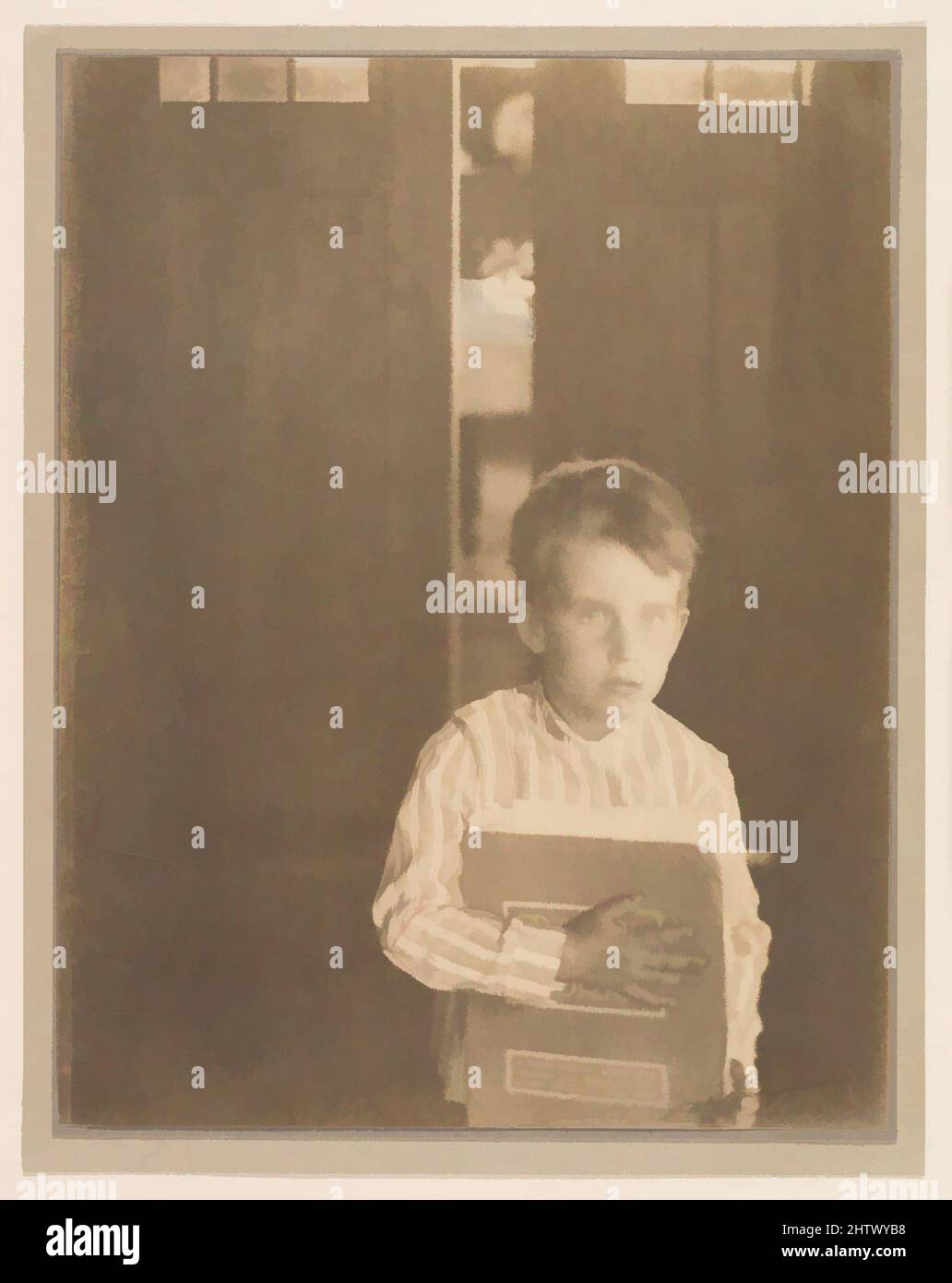 Art inspired by Boy with 'Camera Work', 1903, Platinum print, 20.0 x 15.3 cm (7 7/8 x 6 in.), Photographs, Clarence H. White (American, 1871–1925), Although he was still working as a bookkeeper for a wholesale grocery in his native Newark, Ohio, when he made this picture, White had, Classic works modernized by Artotop with a splash of modernity. Shapes, color and value, eye-catching visual impact on art. Emotions through freedom of artworks in a contemporary way. A timeless message pursuing a wildly creative new direction. Artists turning to the digital medium and creating the Artotop NFT Stock Photo