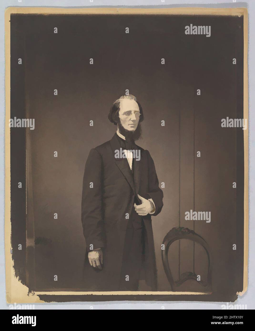 Art inspired by Portrait of a Man, ca. 1857, Salted paper print from glass negative, Mount: 11 3/16 in. × 9 1/8 in. (28.4 × 23.2 cm), Photographs, Mathew B. Brady (American, born Ireland, 1823?–1896 New York), The identity of this soberly dressed man is unknown, but Brady's careful, Classic works modernized by Artotop with a splash of modernity. Shapes, color and value, eye-catching visual impact on art. Emotions through freedom of artworks in a contemporary way. A timeless message pursuing a wildly creative new direction. Artists turning to the digital medium and creating the Artotop NFT Stock Photo
