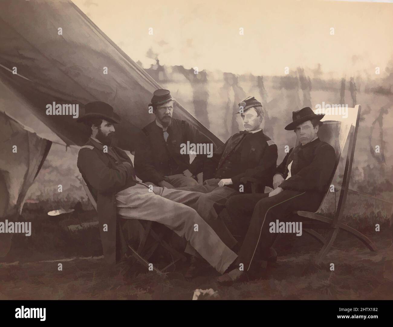 Art inspired by Four Officers, ca. 1864, Albumen silver print from glass negative, Image: 17.8 x 22.8 cm (7 x 9 in.), Photographs, Alexander Gardner (American, Glasgow, Scotland 1821–1882 Washington, D.C.), Gardner was an expert in the new wet-collodion-on-glass-plate process of, Classic works modernized by Artotop with a splash of modernity. Shapes, color and value, eye-catching visual impact on art. Emotions through freedom of artworks in a contemporary way. A timeless message pursuing a wildly creative new direction. Artists turning to the digital medium and creating the Artotop NFT Stock Photo