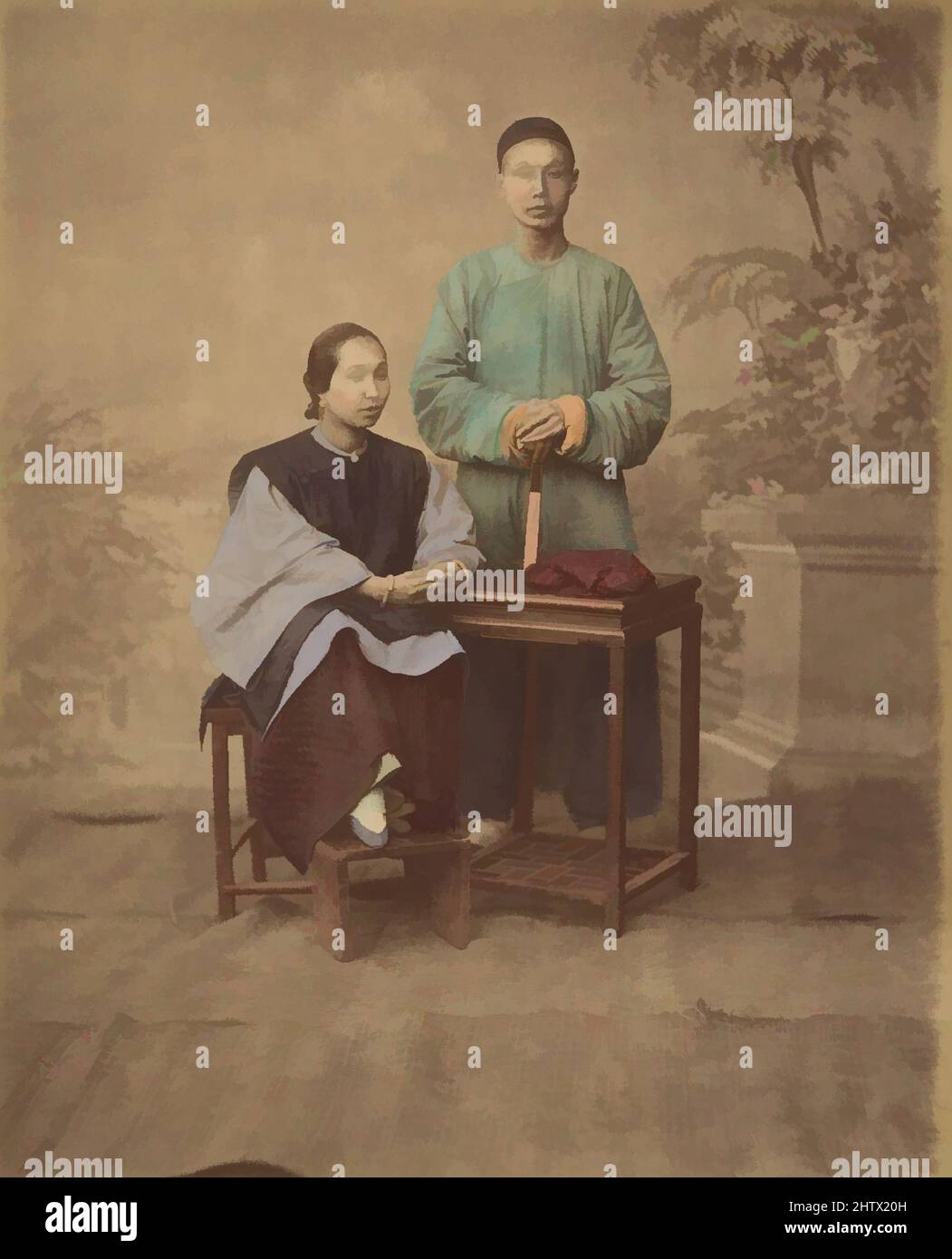 Art inspired by Portrait of a Chinese Couple, 1870s, Albumen silver print from glass negative, 23.7 x 19.2 cm (9 5/16 x 7 9/16 in.), Photographs, Unknown, Classic works modernized by Artotop with a splash of modernity. Shapes, color and value, eye-catching visual impact on art. Emotions through freedom of artworks in a contemporary way. A timeless message pursuing a wildly creative new direction. Artists turning to the digital medium and creating the Artotop NFT Stock Photo