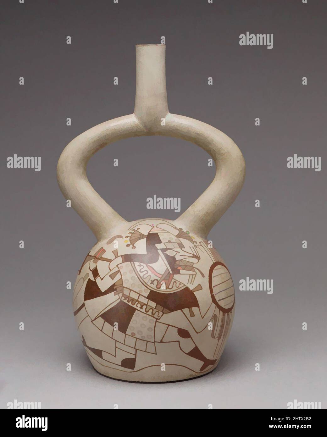 Art inspired by Fox Warrior Bottle, 7th–8th century, Peru, Moche, Ceramic, H.11 5/8 in. (29.46 cm), Ceramics-Containers, The stirrup-spout vessel—the shape of the spout recalls the stirrup on a horse's saddle—was a much favored bottle shape on Peru's northern coast for about 3,000, Classic works modernized by Artotop with a splash of modernity. Shapes, color and value, eye-catching visual impact on art. Emotions through freedom of artworks in a contemporary way. A timeless message pursuing a wildly creative new direction. Artists turning to the digital medium and creating the Artotop NFT Stock Photo
