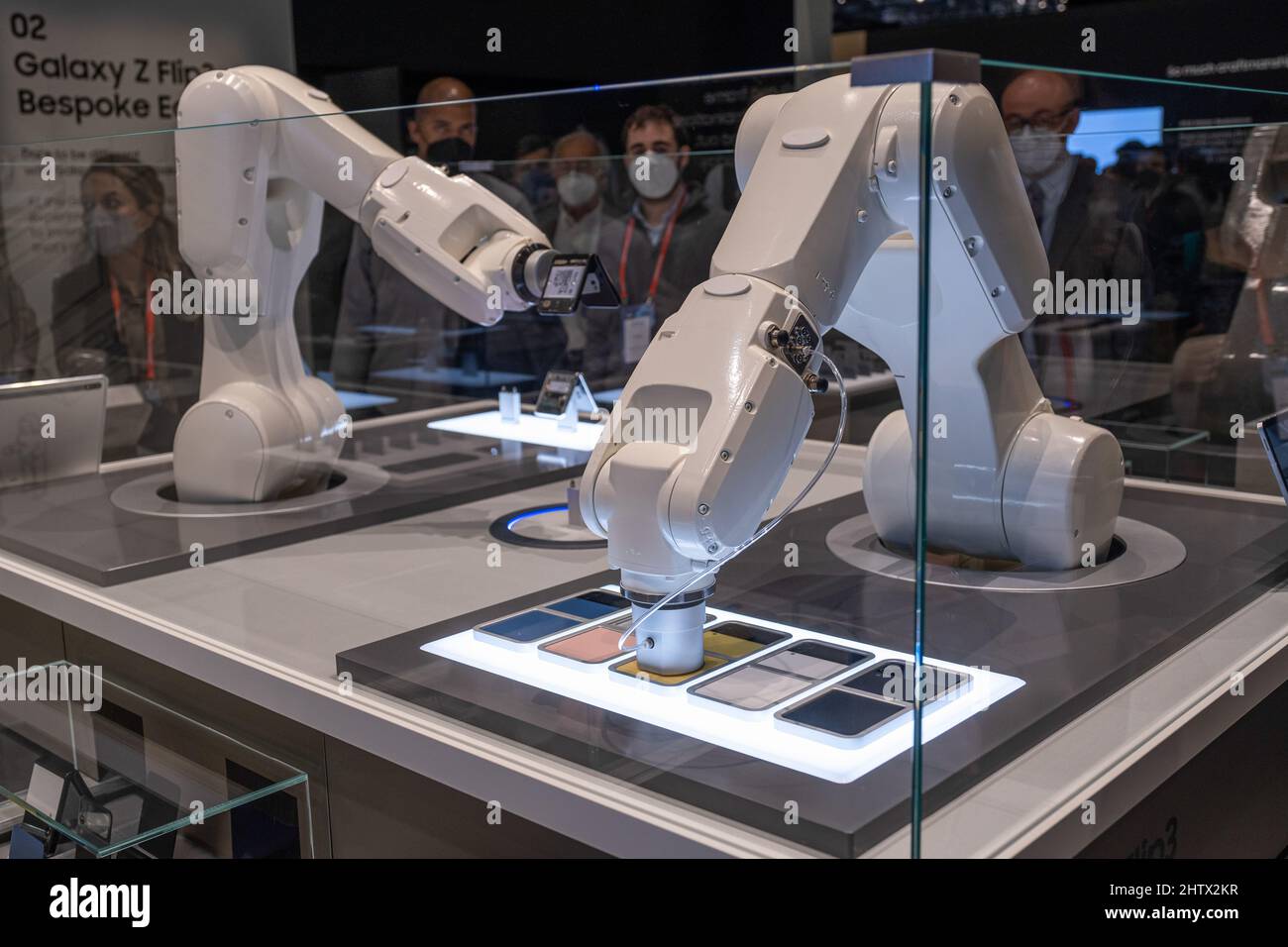 Barcelona, Spain. 02nd Mar, 2022. Industrial robots seen assembling Samsung  Galaxy brand mobile phone models during the Mobile World Congress 2022.  Third day of the Mobile World Congress 2022 held in Barcelona.