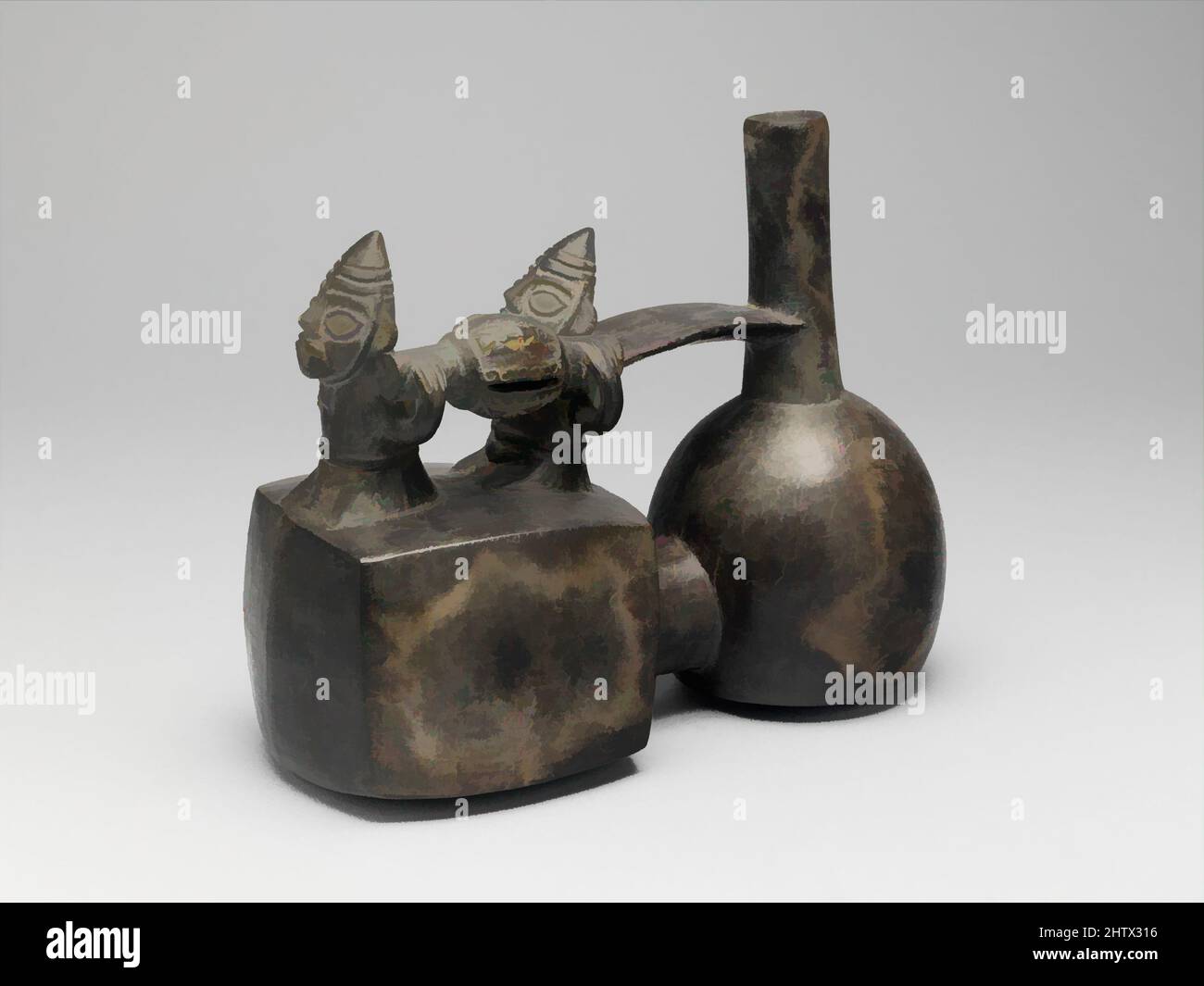 Art inspired by Stirrup Spout Bottle: Litter Scene, 1350–1470, Peru, Chimú, Ceramic, Overall: 6 3/4 x 8 1/4 in. (17.15 x 20.96 cm), Ceramics-Containers, Classic works modernized by Artotop with a splash of modernity. Shapes, color and value, eye-catching visual impact on art. Emotions through freedom of artworks in a contemporary way. A timeless message pursuing a wildly creative new direction. Artists turning to the digital medium and creating the Artotop NFT Stock Photo