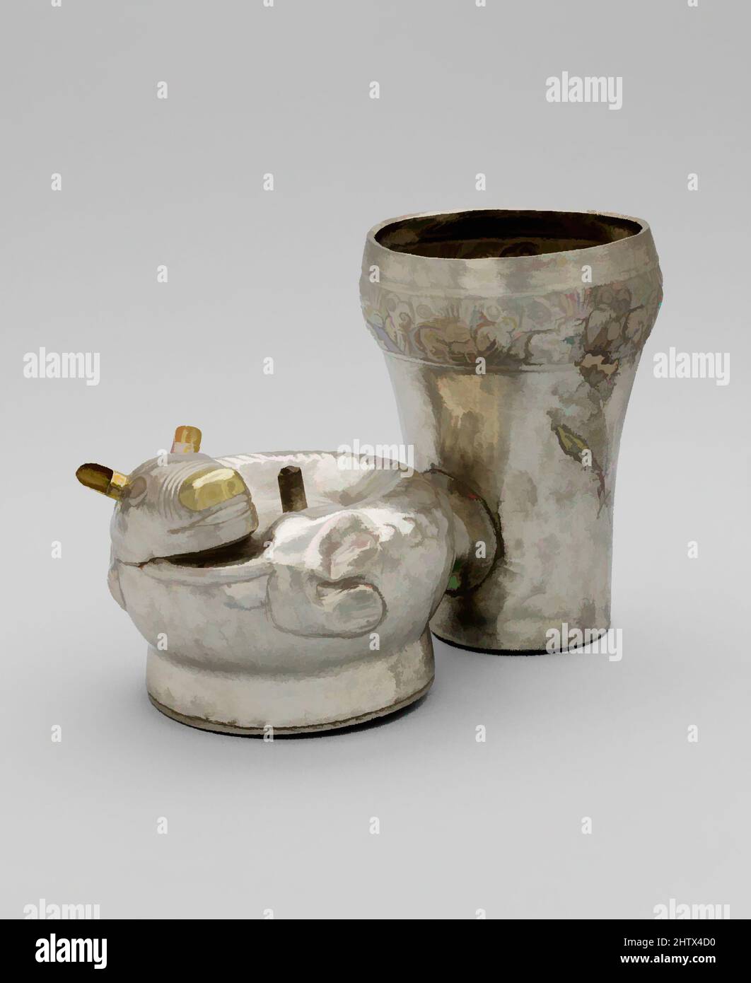 Art inspired by Double Vessel, Dog, 14th–15th century, Peru, Chimú, Silver, gold, H. 5 1/8 x W. 3 3/4 x D. 7 1/2 in. (13 x 9.5 x 19.1 cm), Metal-Containers, Classic works modernized by Artotop with a splash of modernity. Shapes, color and value, eye-catching visual impact on art. Emotions through freedom of artworks in a contemporary way. A timeless message pursuing a wildly creative new direction. Artists turning to the digital medium and creating the Artotop NFT Stock Photo