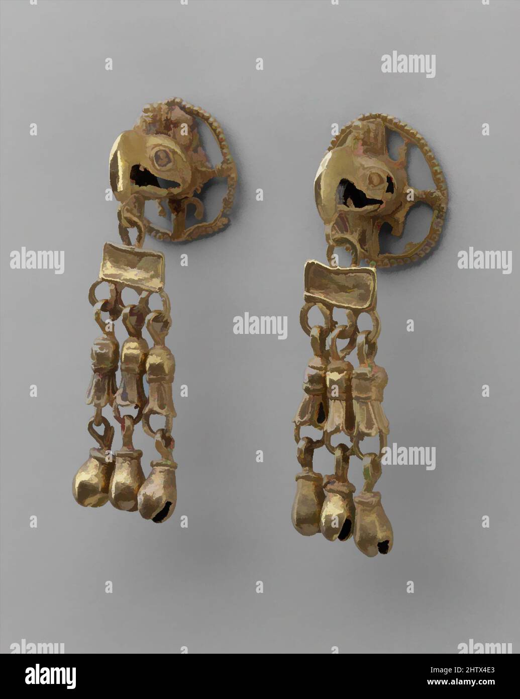 Art inspired by Pair of Eagle Ear Ornaments, 15th–16th century, Mexico, Mesoamerica, Aztec or Mixtec, Gold, H. 2 3/8 x W. 1 3/16 in. (6 x 2.1 cm), Metal-Ornaments, Classic works modernized by Artotop with a splash of modernity. Shapes, color and value, eye-catching visual impact on art. Emotions through freedom of artworks in a contemporary way. A timeless message pursuing a wildly creative new direction. Artists turning to the digital medium and creating the Artotop NFT Stock Photo