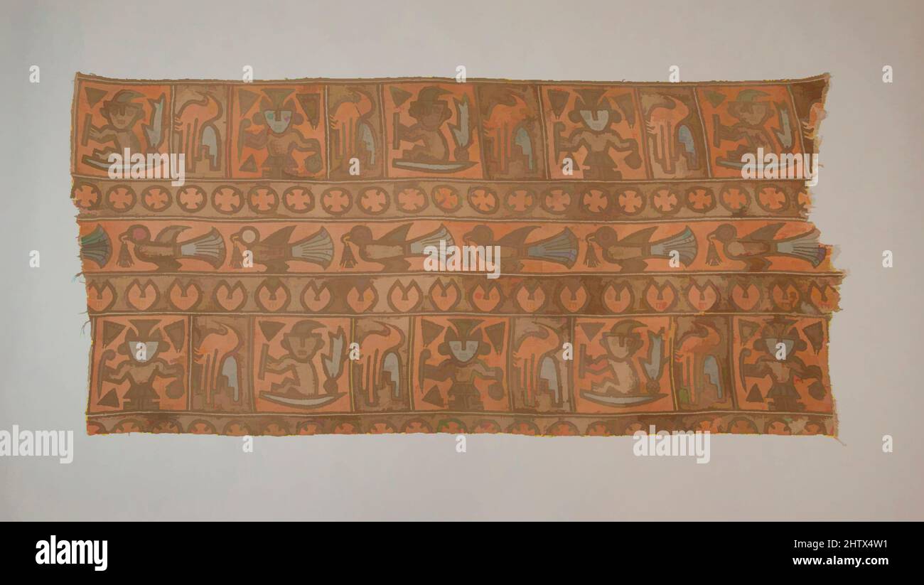 Art inspired by Panel, 1100–1400, Peru, Chancay, Cotton, paint, H x W: 27 1/8 x 59 1/2 in. (68.9 x 151.1 cm), Textiles-Woven, Textiles’ relatively light weight enabled them to be moved easily throughout the Andean region, resulting in much shared imagery across the central and north, Classic works modernized by Artotop with a splash of modernity. Shapes, color and value, eye-catching visual impact on art. Emotions through freedom of artworks in a contemporary way. A timeless message pursuing a wildly creative new direction. Artists turning to the digital medium and creating the Artotop NFT Stock Photo