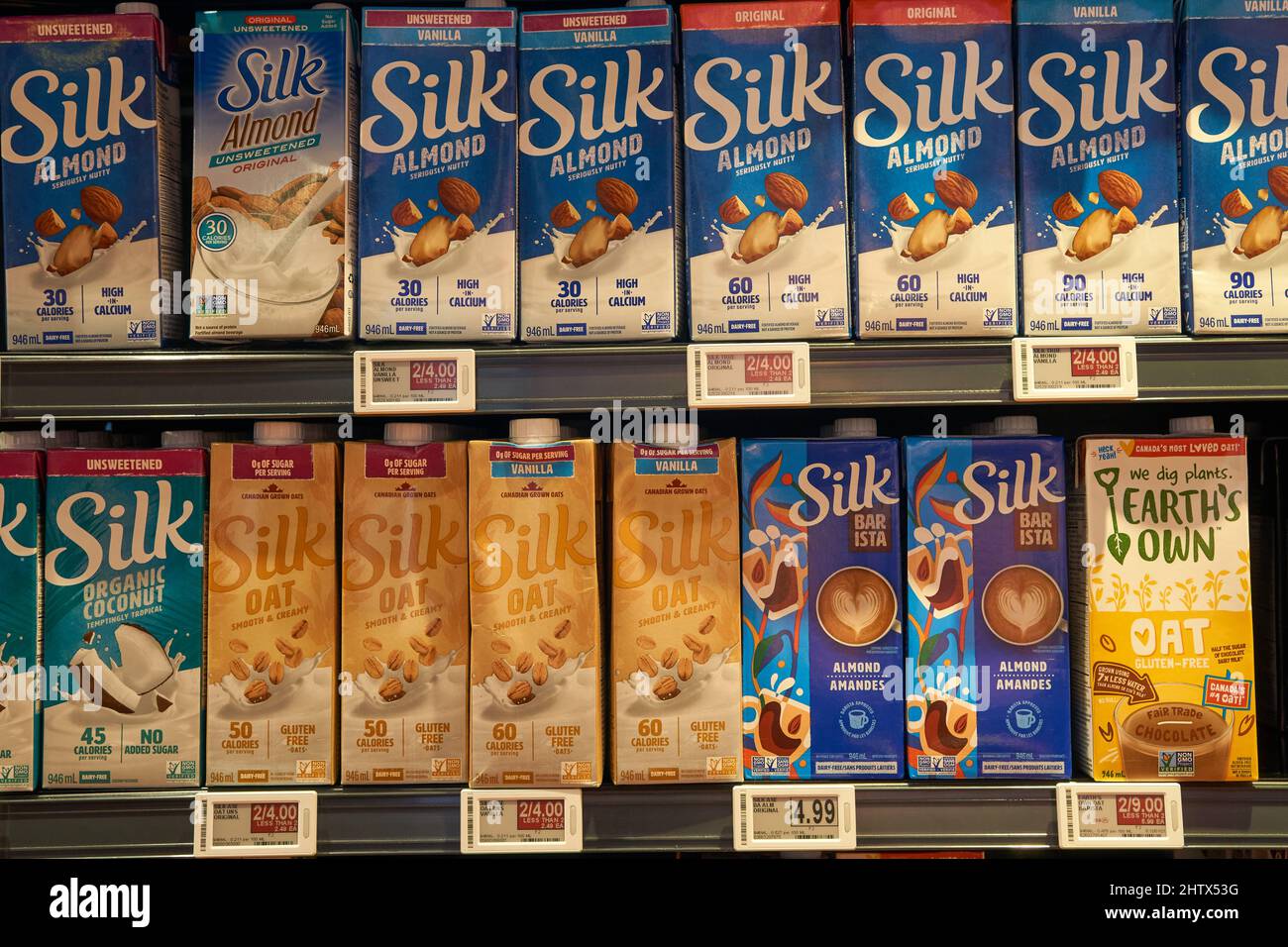 Cardboard cartons of nondairy milk alternatives displayed on a grocery