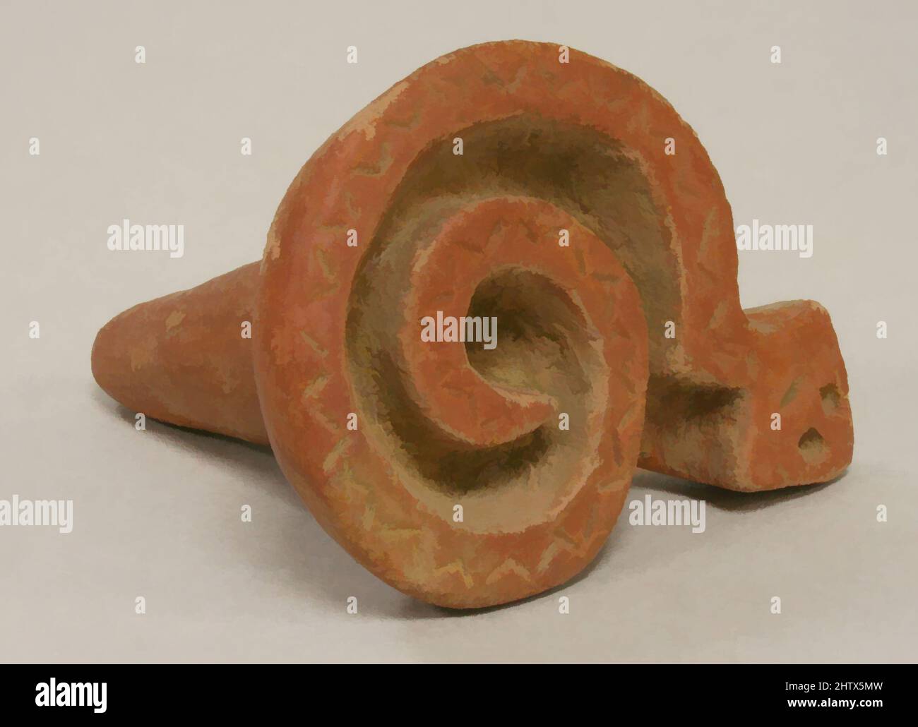 Art inspired by Serpent Stamp, 1st–7th century, Costa Rica, Atlantic Watershed, Ceramic, H. 2 1/16 x W. 2 1/8 in. (5.3 x 5.4 cm), Ceramics-Implements, Ceramic stamps are found in Costa Rican burials, suggesting that their importance extended beyond utilitarian. Much speculation has, Classic works modernized by Artotop with a splash of modernity. Shapes, color and value, eye-catching visual impact on art. Emotions through freedom of artworks in a contemporary way. A timeless message pursuing a wildly creative new direction. Artists turning to the digital medium and creating the Artotop NFT Stock Photo