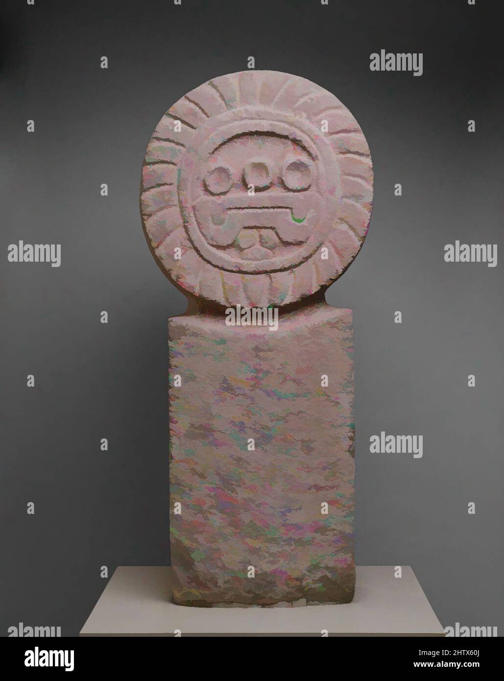 Art inspired by Stela, 3rd–7th century, Mexico, Mesoamerica, Teotihuacan, Stone, H. 41 3/4 x W. 14 3/4 x D. 8 in. (106 x 37.5 x 20.3 cm), Stone-Sculpture, Stone sculpture of the sort illustrated here is rare at the central Mexico site of Teotihuacan, although it is depicted in the, Classic works modernized by Artotop with a splash of modernity. Shapes, color and value, eye-catching visual impact on art. Emotions through freedom of artworks in a contemporary way. A timeless message pursuing a wildly creative new direction. Artists turning to the digital medium and creating the Artotop NFT Stock Photo