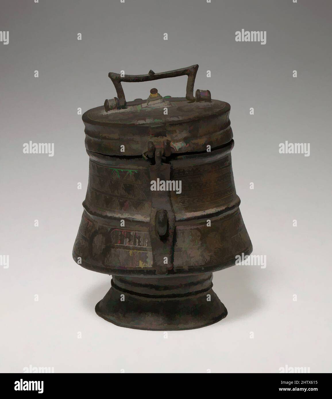 Art inspired by Lidded Vessel (Kuduo), 18th–19th century, Ghana, Akan peoples, Asante, Brass, pigment, H. 6 7/8 x Diam. 5 1/2 in. (17.5 x 14 cm), Metal-Containers, Ornate, cast brass vessels known as kuduo were the possessions of kings and courtiers in the Akan kingdoms. Gold dust and, Classic works modernized by Artotop with a splash of modernity. Shapes, color and value, eye-catching visual impact on art. Emotions through freedom of artworks in a contemporary way. A timeless message pursuing a wildly creative new direction. Artists turning to the digital medium and creating the Artotop NFT Stock Photo