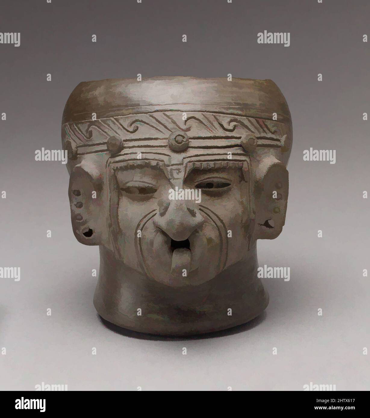 Art inspired by Head Vessel, 8th–12th century, Ecuador, Manteno, Ceramic, H. 4 1/4 in. (10.8 cm), Ceramics-Containers, Shaped like a human head, this small vessel is open at the top, the neck forming the base of the container. The face is modeled naturalistically, with soft cheekbones, Classic works modernized by Artotop with a splash of modernity. Shapes, color and value, eye-catching visual impact on art. Emotions through freedom of artworks in a contemporary way. A timeless message pursuing a wildly creative new direction. Artists turning to the digital medium and creating the Artotop NFT Stock Photo