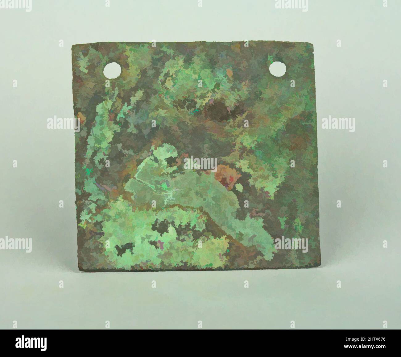 Art inspired by Square Plaque, 3rd century B.C.–A.D. 2nd century, Peru, Vicús, Copper (hammered), gilt, Height 2 in. (5.1 cm), Metal-Ornaments, Classic works modernized by Artotop with a splash of modernity. Shapes, color and value, eye-catching visual impact on art. Emotions through freedom of artworks in a contemporary way. A timeless message pursuing a wildly creative new direction. Artists turning to the digital medium and creating the Artotop NFT Stock Photo