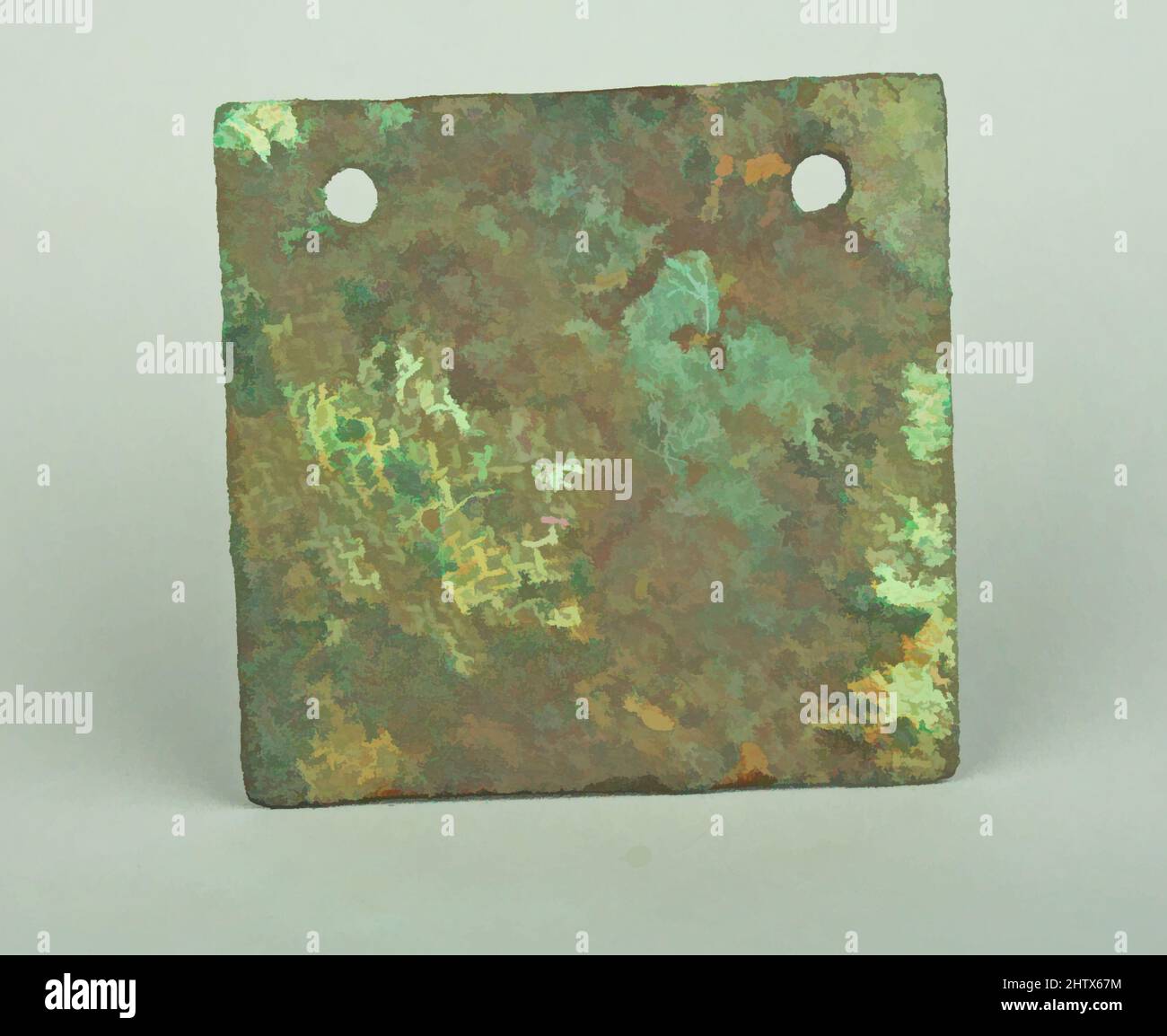 Art inspired by Square Plaque, 3rd century B.C.–A.D. 2nd century, Peru, Vicús, Copper (hammered), gilt, Height 2 in. (5 cm), Metal-Ornaments, Classic works modernized by Artotop with a splash of modernity. Shapes, color and value, eye-catching visual impact on art. Emotions through freedom of artworks in a contemporary way. A timeless message pursuing a wildly creative new direction. Artists turning to the digital medium and creating the Artotop NFT Stock Photo