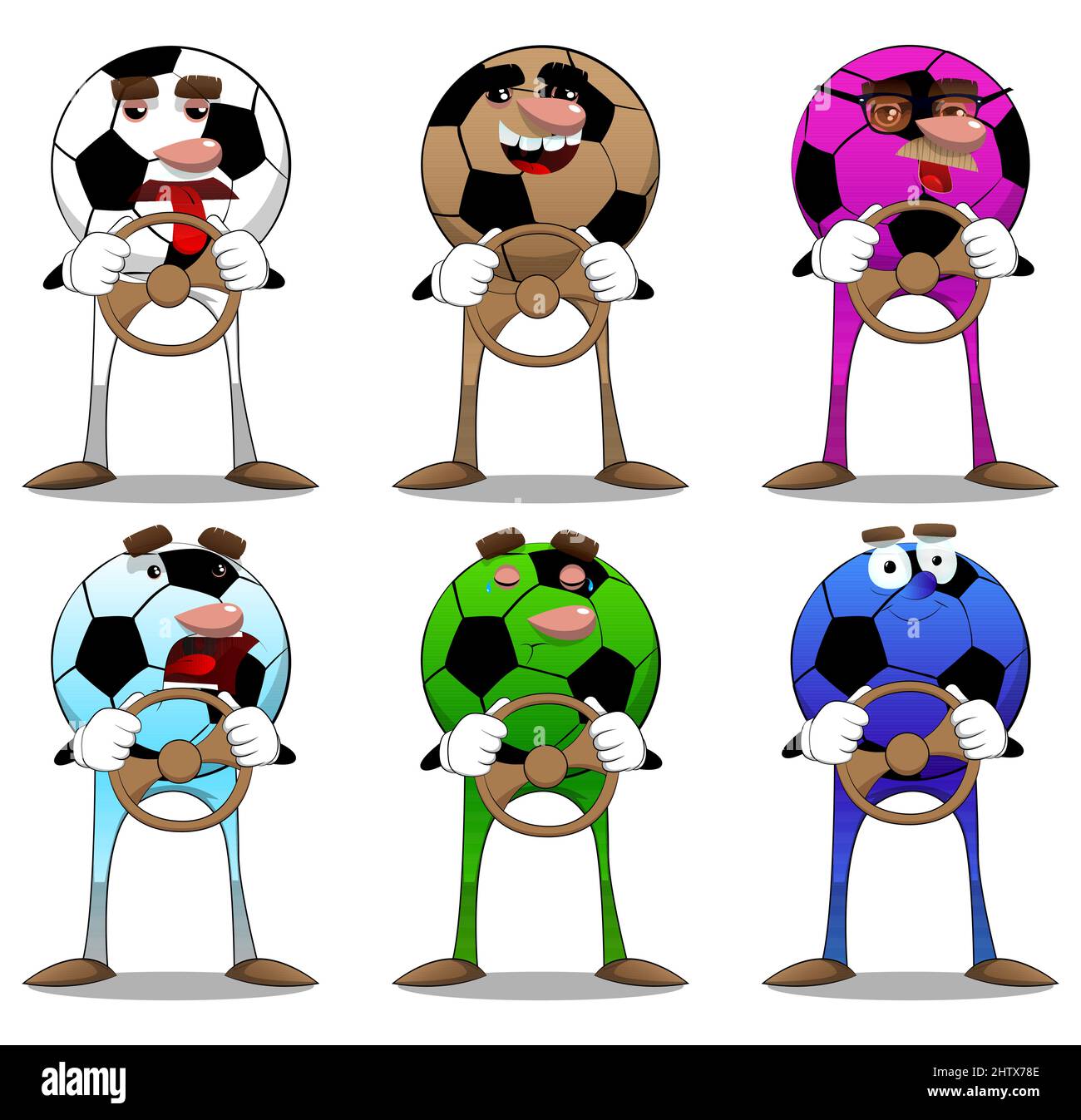 Soccer ball driving, holding a steering wheel. Traditional football