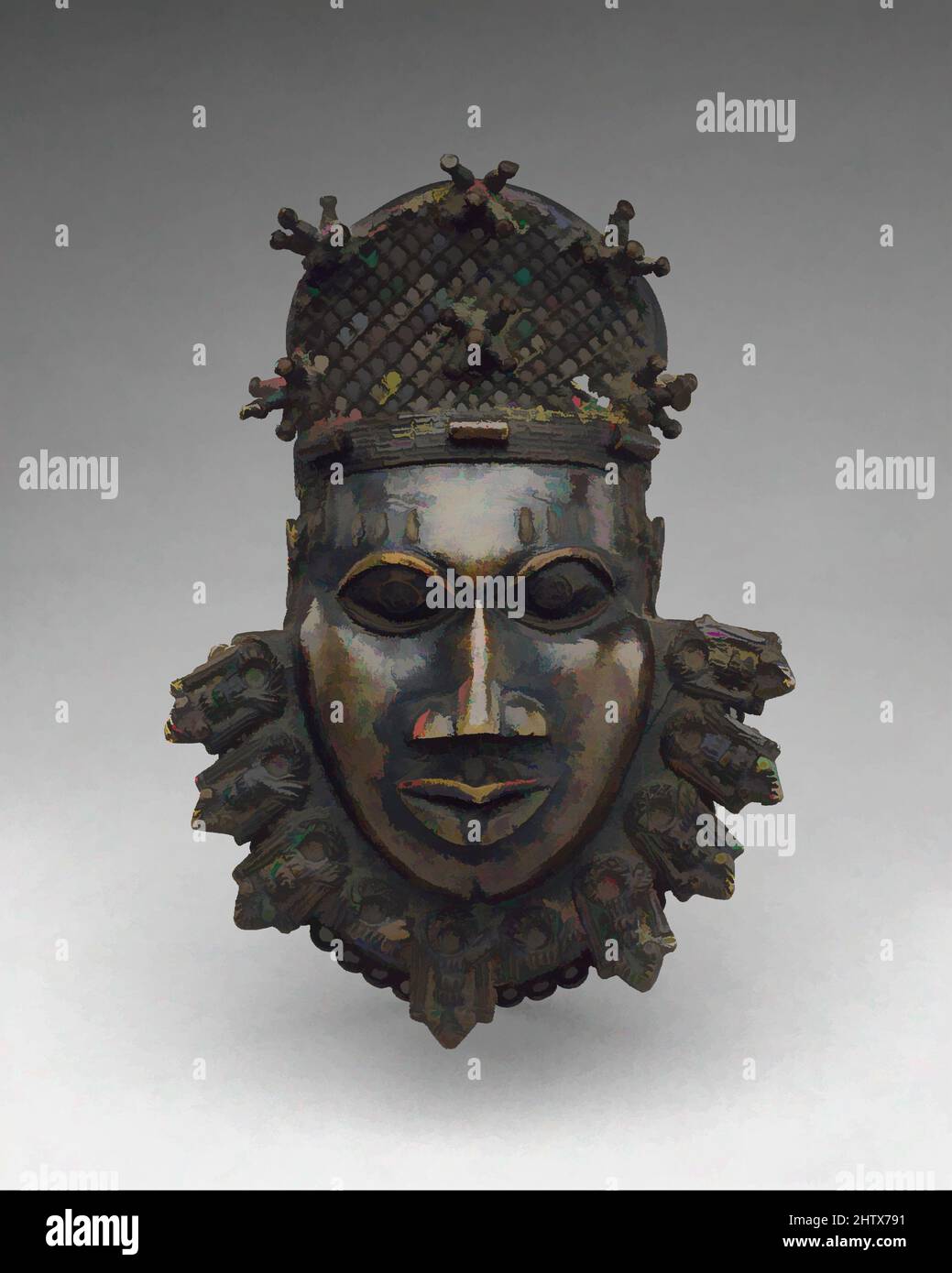 Art inspired by Hip Ornament: Face, 16th–17th century, Nigeria, Court of Benin, Edo peoples, Brass, H. 7 1/2 in. (19.1 cm), Metal-Ornaments, Benin history, religion, and political structure are brought to life every year in a series of palace rituals intended to purify the kingdom and, Classic works modernized by Artotop with a splash of modernity. Shapes, color and value, eye-catching visual impact on art. Emotions through freedom of artworks in a contemporary way. A timeless message pursuing a wildly creative new direction. Artists turning to the digital medium and creating the Artotop NFT Stock Photo