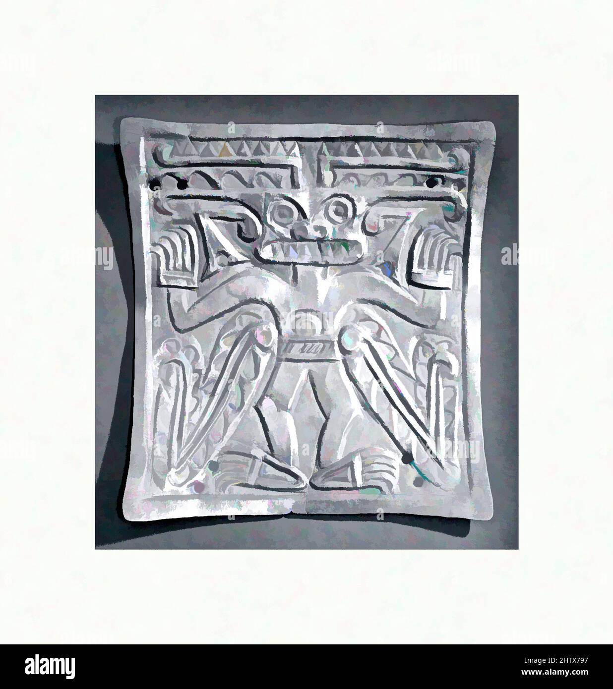 Art inspired by Plaque with Masked Figure, 8th–12th century, Panama, Cocle Province, Rio Parita region, Macaracas, Gold, Height 5 in., Metal-Ornaments, Classic works modernized by Artotop with a splash of modernity. Shapes, color and value, eye-catching visual impact on art. Emotions through freedom of artworks in a contemporary way. A timeless message pursuing a wildly creative new direction. Artists turning to the digital medium and creating the Artotop NFT Stock Photo
