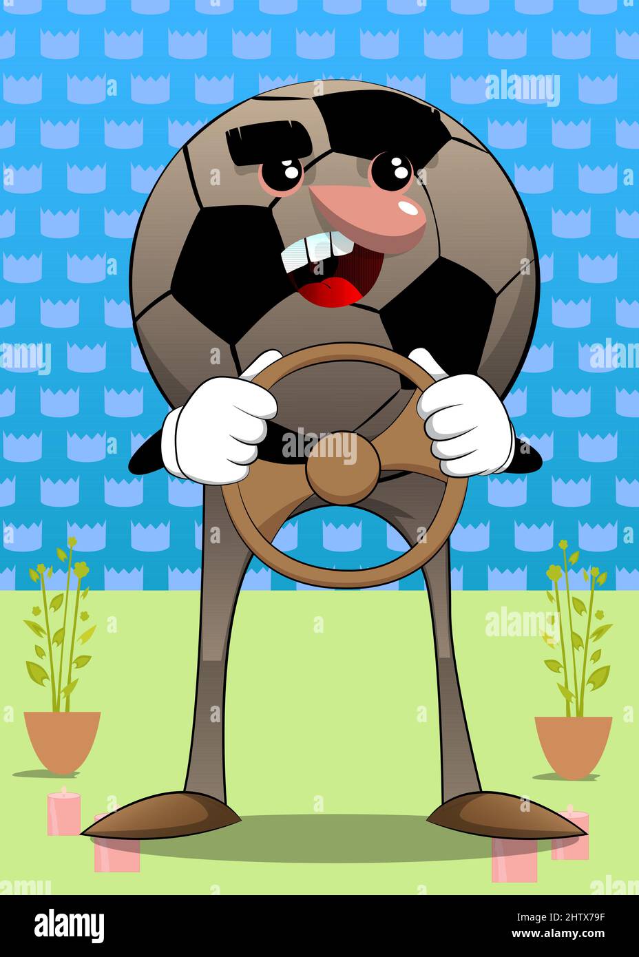 Soccer ball driving, holding a steering wheel. Traditional football