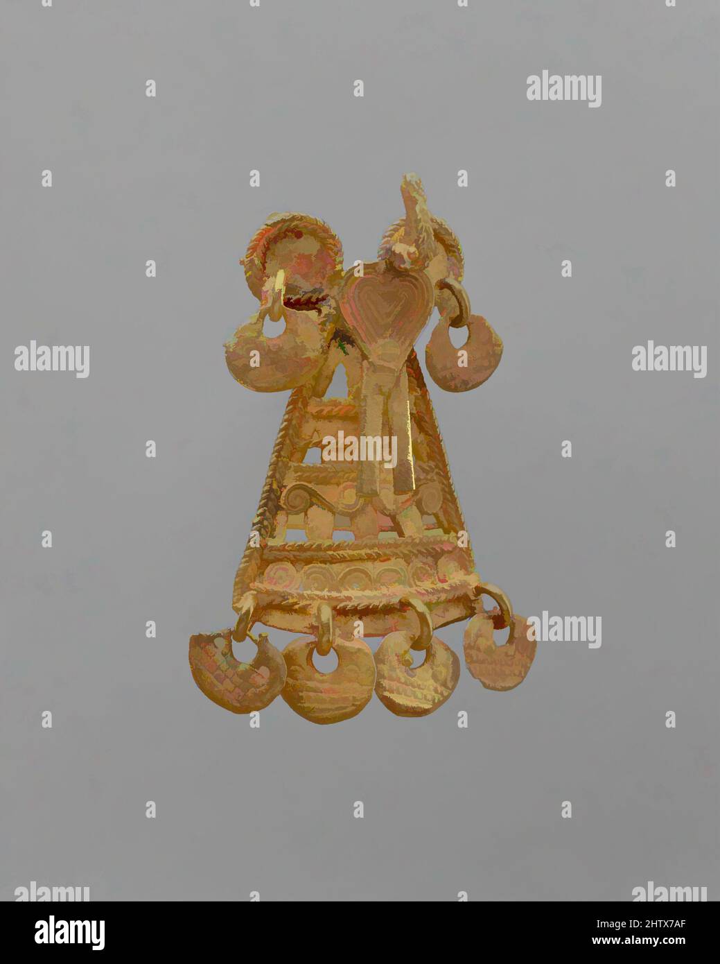 Art inspired by Bird Pendant, 10th–16th century, Colombia, Guatavita Lake region, Muisca, Gold (cast), H. 2 3/8 in. (6 cm), Metal-Ornaments, This pendant is an elegant example of the command of the goldsmith's art that existed for so many centuries in ancient Colombia. The Precolumbian, Classic works modernized by Artotop with a splash of modernity. Shapes, color and value, eye-catching visual impact on art. Emotions through freedom of artworks in a contemporary way. A timeless message pursuing a wildly creative new direction. Artists turning to the digital medium and creating the Artotop NFT Stock Photo