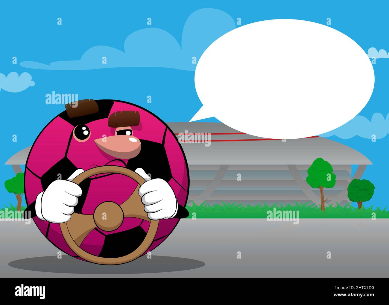 Soccer ball driving, holding a steering wheel. Traditional football