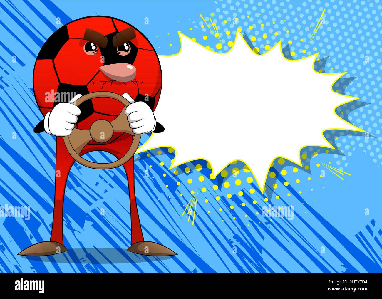 Soccer ball driving, holding a steering wheel. Traditional football