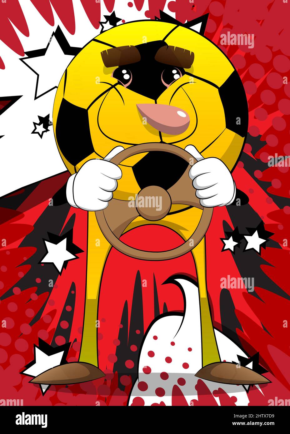 Soccer ball driving, holding a steering wheel. Traditional football