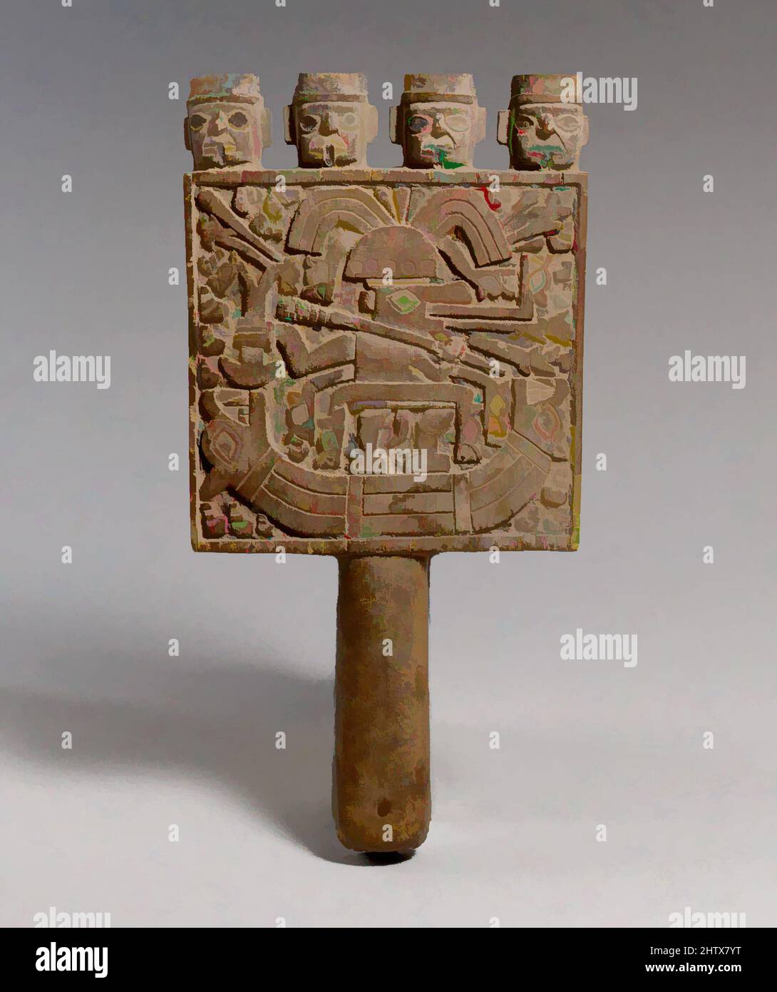 Art inspired by Mirror Frame, 9th–12th century, Peru, Wari-Chimú, Wood, H.10 1/4 x W. 5 1/4in. (26 x 13.3cm), Wood-Implements, The imagery and carving style of this mirror frame suggest that it was made by the northern Chimú people when influences from the southern Wari culture were, Classic works modernized by Artotop with a splash of modernity. Shapes, color and value, eye-catching visual impact on art. Emotions through freedom of artworks in a contemporary way. A timeless message pursuing a wildly creative new direction. Artists turning to the digital medium and creating the Artotop NFT Stock Photo
