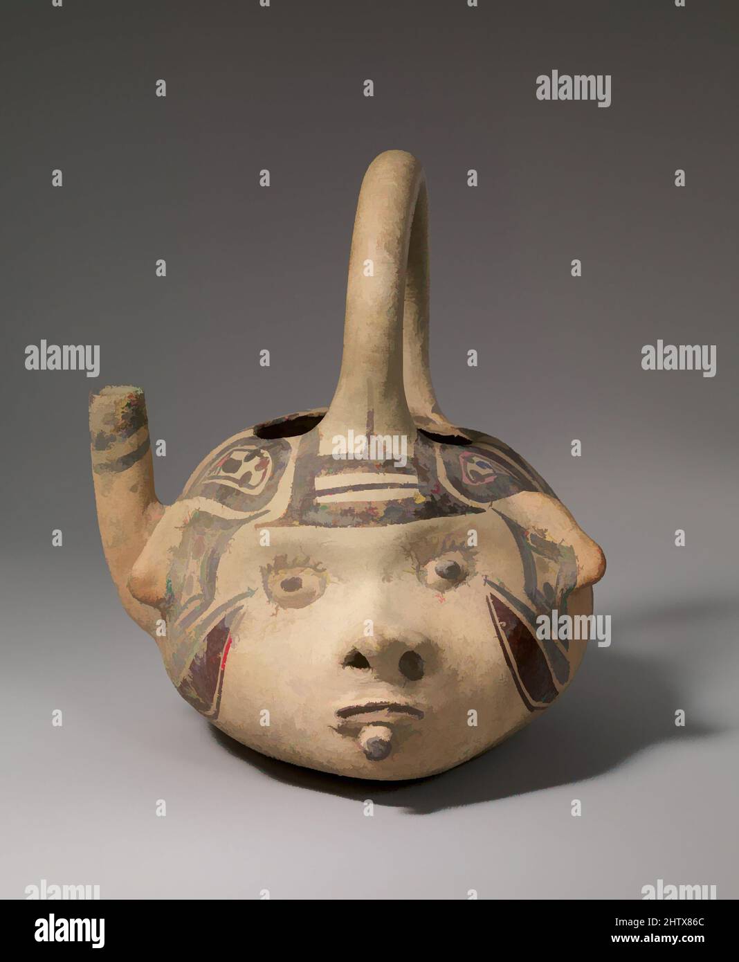 Art inspired by Spouted Vessel, 13th–15th century, Mexico, Mesoamerica, Veracruz, Huastec, Ceramic, H. 7 1/2 x W. 6 5/16 in. (19.1 x 16 cm), Ceramics-Containers, The vessel is in the shape of a human head with wide open, staring eyes, a small pug nose, and closed mouth. A lip plug is, Classic works modernized by Artotop with a splash of modernity. Shapes, color and value, eye-catching visual impact on art. Emotions through freedom of artworks in a contemporary way. A timeless message pursuing a wildly creative new direction. Artists turning to the digital medium and creating the Artotop NFT Stock Photo
