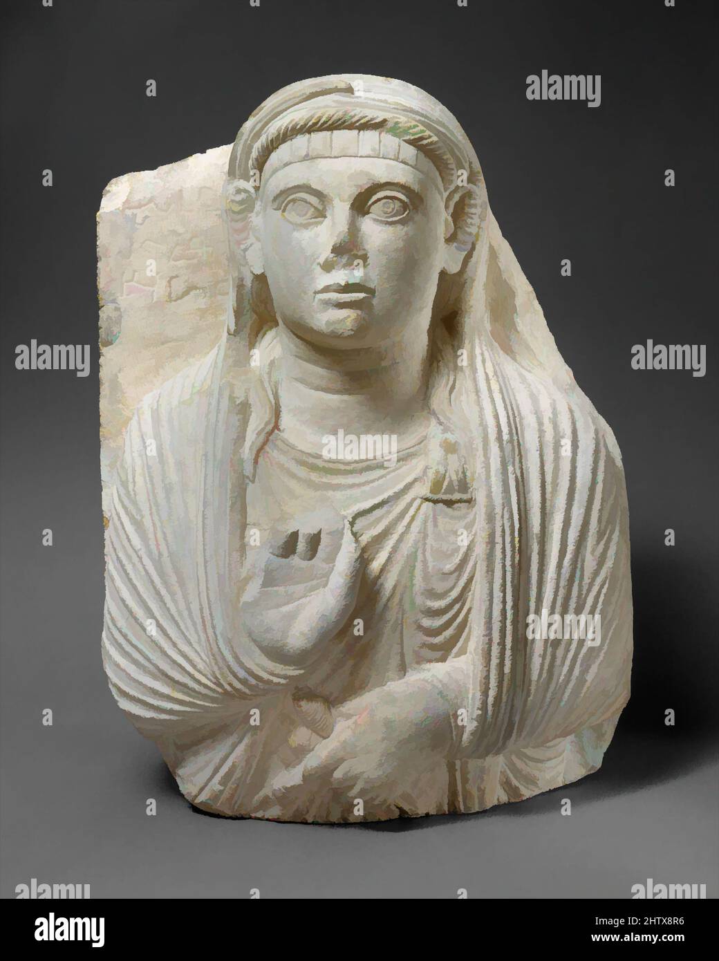 Art inspired by Funerary relief, ca. 50–150, Syria, probably from Palmyra, Limestone, 20 x 14.96 in. (50.8 x 38 cm), Stone-Sculpture-Inscribed, This relief is a type of funerary monument characteristic of the prosperous caravan city of Palmyra during the first three centuries A.D, Classic works modernized by Artotop with a splash of modernity. Shapes, color and value, eye-catching visual impact on art. Emotions through freedom of artworks in a contemporary way. A timeless message pursuing a wildly creative new direction. Artists turning to the digital medium and creating the Artotop NFT Stock Photo