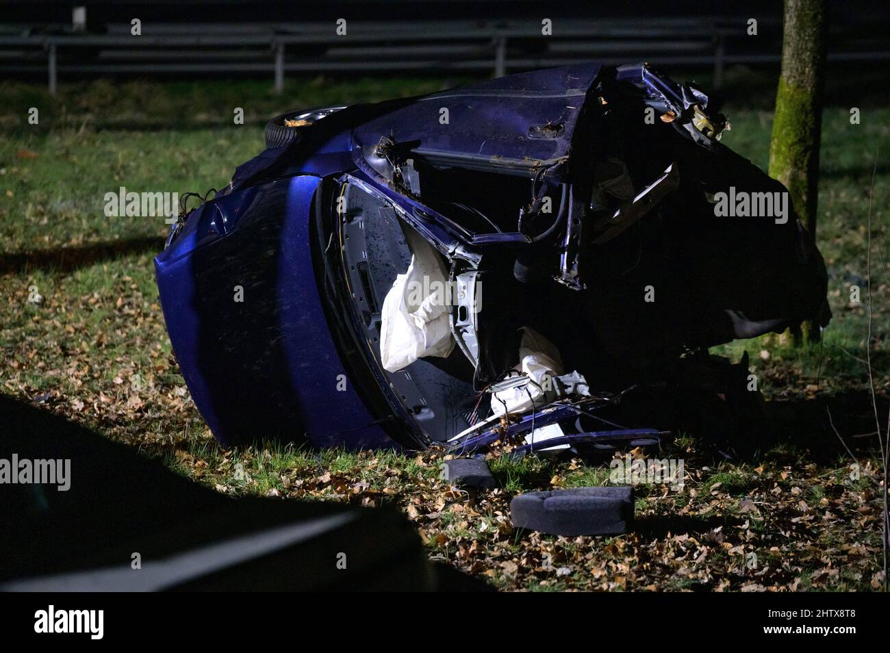 Hamburg, Germany. 03rd Mar, 2022. A destroyed accident vehicle stands